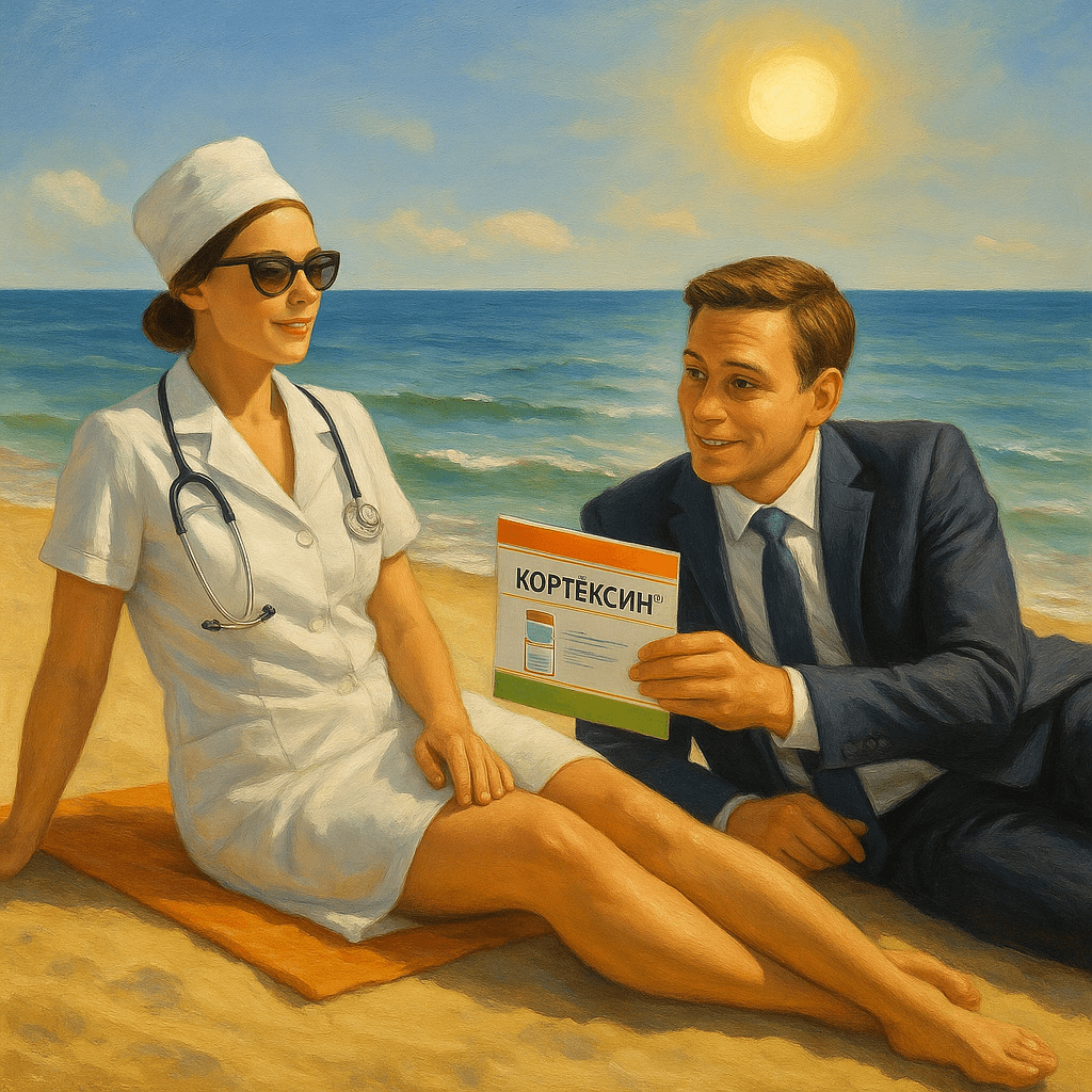 Нарисуй пляж, море солнце и на пляже загорает девушка врач, а с ней рядом в деловом костюме лежит медицинский представитель и показывает ей презентацию по препарату Кортексин