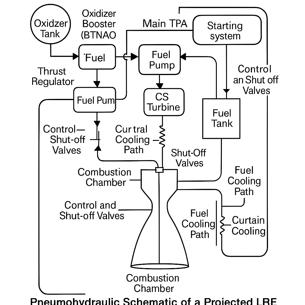 Based on the analysis of your graduation project (file `shablon_igoryok_fokin333333.docx `), here ** is the composition of the pneumohydraulic circuit (PGS)** projected LRE:

---

## **1. The general scheme of the engine:**
- **Type:** **Open circuit (without afterburning the generator gas)** with **curtain cooling** chambers.
- **Fuel pair:** **Kerosene (fuel) + Liquid oxygen (oxidizer)**.
- **Purpose:** **The upper stage engine** with the possibility of **multiple activation**.

---

## **2. The main elements of the GHS and their purpose:**

### **A. Component feeding system:**
1. **Oxidizer Booster TNA (BTNAO)** – pre-pumping of the oxidizer before the main TPA.
2. **The main TPA** is a turbopump unit for supplying components under high pressure.
3. **Gas generator (recovery)** – generation of hot gas to drive the turbine HPA.
4. **Disposal nozzle** – using the energy of spent generator gas to create additional thrust.

### **B. Highways:**
5. **Oxidizer line (oxygen):**
- From tank → BTNAO → Main fuel tank (oxidizer pump) → Thrust regulator → Combustion chamber nozzles.
6. **Fuel line (kerosene):**
- From tank → Main fuel tank (fuel pump) → Cooling path of the chamber → Component ratio control → Camera nozzles.
7. **The main line of the generator gas:**
- Gas generator → TN turbine → Disposal nozzle.

### **In. Control and shut-off valves:**
8. **Thrust regulator** – regulation of oxidizer flow.
9. **Component ratio control** – maintaining the set ratio \(K_m\).
10. **Shut–off valves** - shut-off of components during shutdown.
11. **Throttle washers** – cost coordination.

### **G. Cooling system:**
12. **Curtain cooling** – supply of part of the fuel through peripheral nozzles to create a protective film on the inner wall of the chamber.
13. **Fuel cooling path** – passage of fuel through the jacket of the chamber before feeding into the injectors.

### **D. Auxiliary systems:**
14. **Starting system** – ignition devices (for non-flammable kerosene/oxygen vapor).
15. **Tank boost system** – gas supply (nitrogen/helium) to displace components.
16. **Drainage and purge lines** – vapor removal, purge after shutdown.

---

## **3. Improvements of the PGS compared to the NK-33 prototype:**
- **Introduced BTNAO** – prevention of cavitation in the main oxidizer pump, ensuring multiple launch in zero gravity.
- **Simplified circuit ** (open instead of closed) – increased reliability, adaptability, weight reduction.
- **Curtain cooling instead of regenerative cooling** – simplification of the camera design.

---

## **4. Component flow diagram (simplified):**

```
Oxidizer tank → BTNAO → Oxidizer pump (main tank) → Thrust regulator → CS Nozzles
                                                                        ↓
Fuel tank → Fuel pump (main tank) → Cooling path of the chamber → Reg. ratios → CS nozzles
                                                                        ↓
Gas generator → TPA turbine → Disposal nozzle (additional thrust)
``

---

## **5. Key parameters of the PGS:**
- **Pressure in the combustion chamber:** \( p_k = 5 \, MPa \)
- **Thrust (in the void):** \( P = 75 \, kN \)
- **Specific impulse (including losses):**\( I_{y.n} \approx 3154 \, m/s\)
- **Component ratio (average):** \( K_{m.cp} \approx 2.685\)
- **Generator gas consumption:**\(\dot{m}_{yy}\approx 0.377 \, kg/s\)

---

## **6. Features for multiple launch:**
- Maintaining **pre-pressure** in the mains before starting.
- **Temperature control** of components in zero gravity.
- **Two-stage feed system** (BTNAO + main tank) for guaranteed start.

---

If necessary, **a schematic representation of the PGS** or **a list of elements indicating GOST/TU** — specify, I will add.