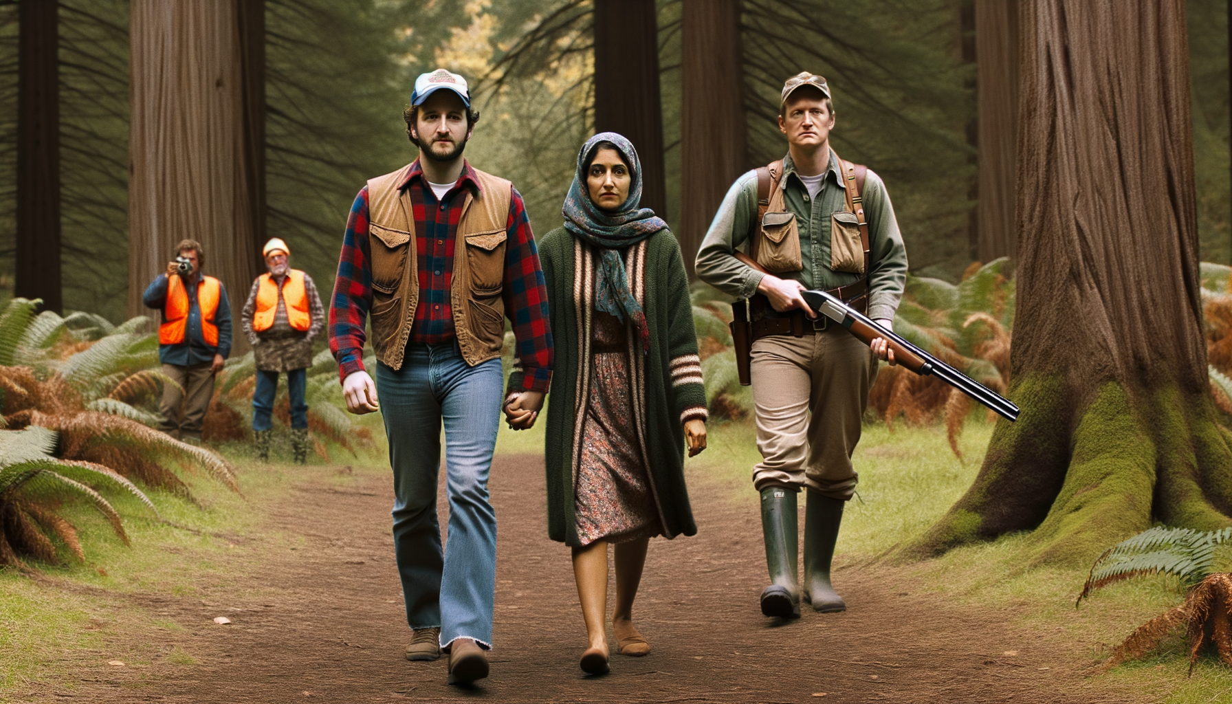 1976 год Заповедник Мак-Клинток, пара мужчина и женщина гуляют по тропинки в лесу, спиной к нам стоит американский гражданский мужчина с ружьем и наблюдает за ними