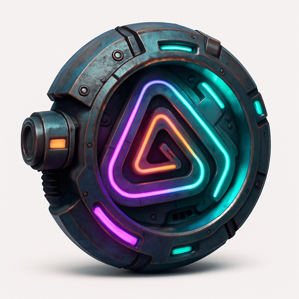 Create a circular, suitable for a game miner, inspired by the triangular, spiraling design of the futuristic, illuminated abstract object. It should blend elements of industrial design with vibrant neon lighting, combining an  colorful gradients.  highlighting an alian look against a solid white background.