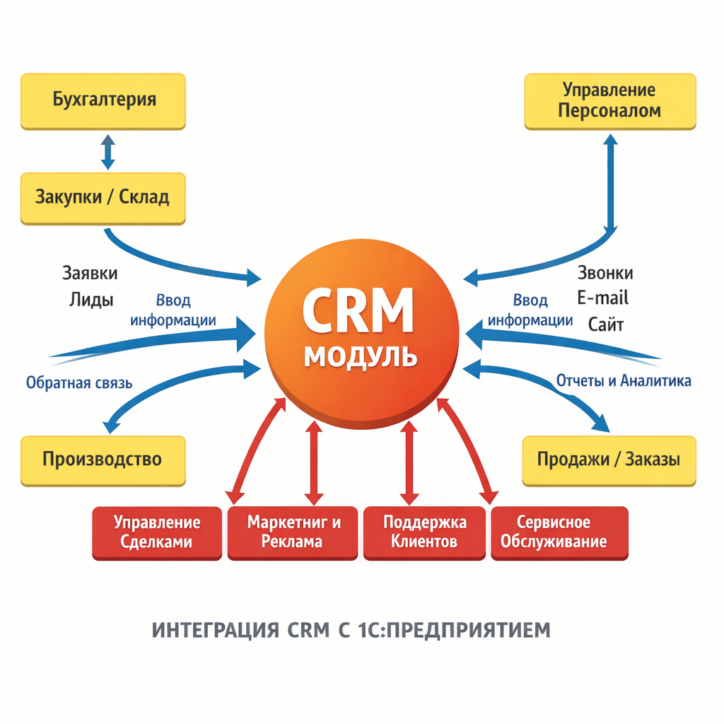 The figure shows the integration scheme of the CRM module with the existing 1C:Enterprise modules. It shows the data flows between the modules, the points of information input, and the feedback mechanisms. The key business processes affected by the CRM implementation are highlighted.)