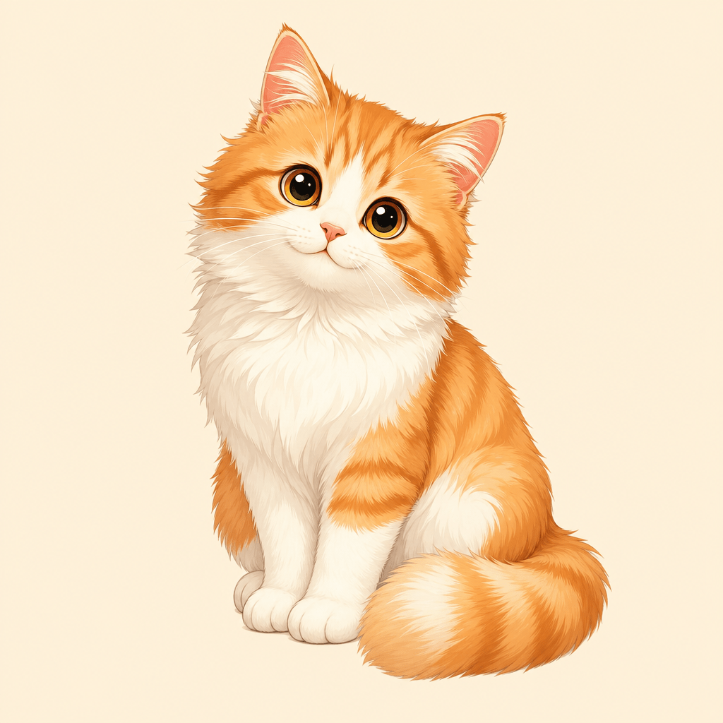 A cute cat illustration, full body, sitting pose, soft fluffy fur, bright eyes, warm color palette (orange and white), clean line art, simple background in light beige, high resolution, digital painting style