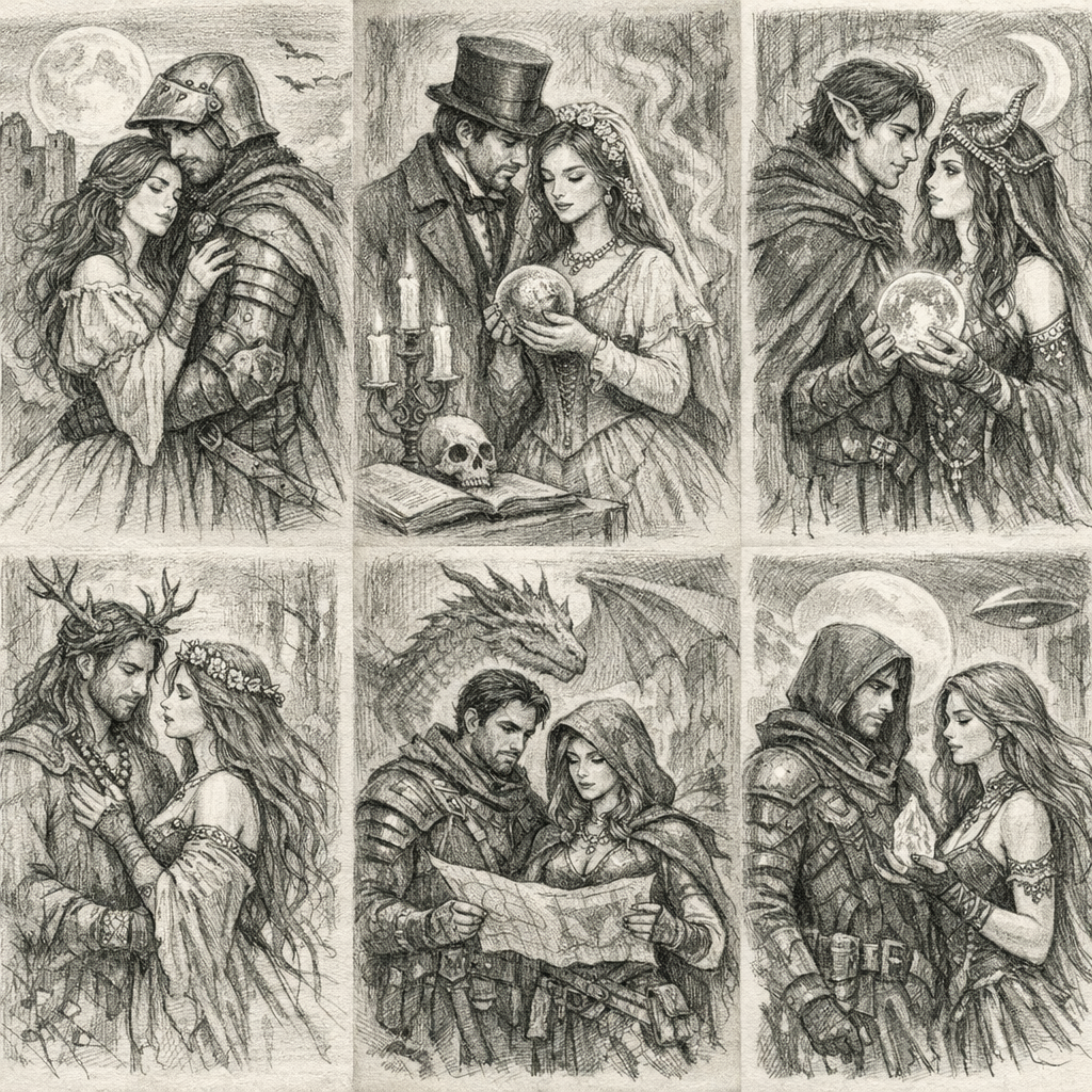 Создай образы женщины и мужчины штук шесть в разные года, добавь элементы мистики, фэнтази