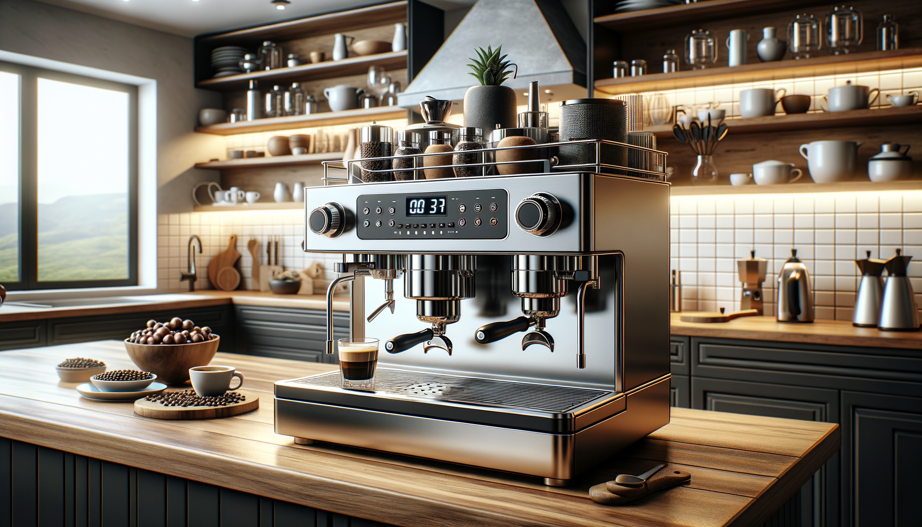 Визуализировать кофемашину Bosch, на фоне стильной кухни с акцентом на дизайн и функциональность устройства.