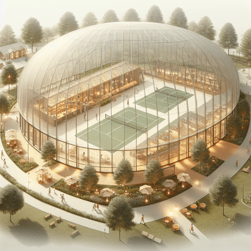 Парк, в парке находится спортивная площадка с крышей и остекленная по кругу, внутри находятся три корта для падел тенниса, зона отдыха и небольшая кофейня, вокруг на улице деревья тропинки и скамейки