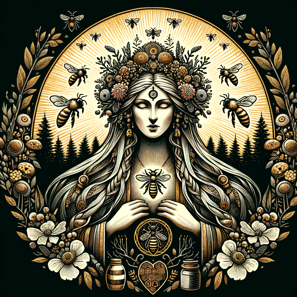 балто-славянская языческая богиня лесных пчел аустейя. древний рисунок в стиле 13 века. языческая лесная богиня