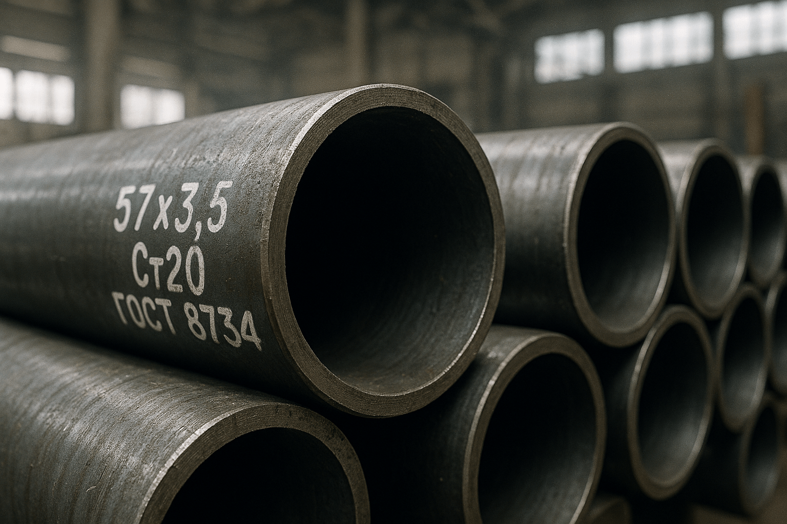 Фотография, макросъемка, секция стальных труб по ГОСТ 8734, лежащих на складе металлопроката. Трубы бесшовные горячедеформированные, наружная поверхность с легкой окалиной и следами производственной смазки, видны небольшие царапины от транспортировки. Резкая металлическая текстура, реалистичное заводское освещение с высокими окнами, пыльный воздух. Стиль: гиперреализм, industrial photography, высокая детализация, 8K. На переднем плане торец трубы с маркировкой краской: "57x3.5 Ст20 ГОСТ 8734". Фотореалистично, шум сенсора, естественный свет. Фотография, макросъемка, секция стальных труб по ГОСТ 8734, лежащих на складе металлопроката. Трубы бесшовные горячедеформированные, наружная поверхность с легкой окалиной и следами производственной смазки, видны небольшие царапины от транспортировки. Резкая металлическая текстура, реалистичное заводское освещение с высокими окнами, пыльный воздух. Стиль: гиперреализм, industrial photography, высокая детализация, 8K. На переднем плане торец трубы с маркировкой краской: "57x3.5 Ст20 ГОСТ 8734". Фотореалистично, шум сенсора, естественный свет. Неподвижные опоры трубопроводов ппу