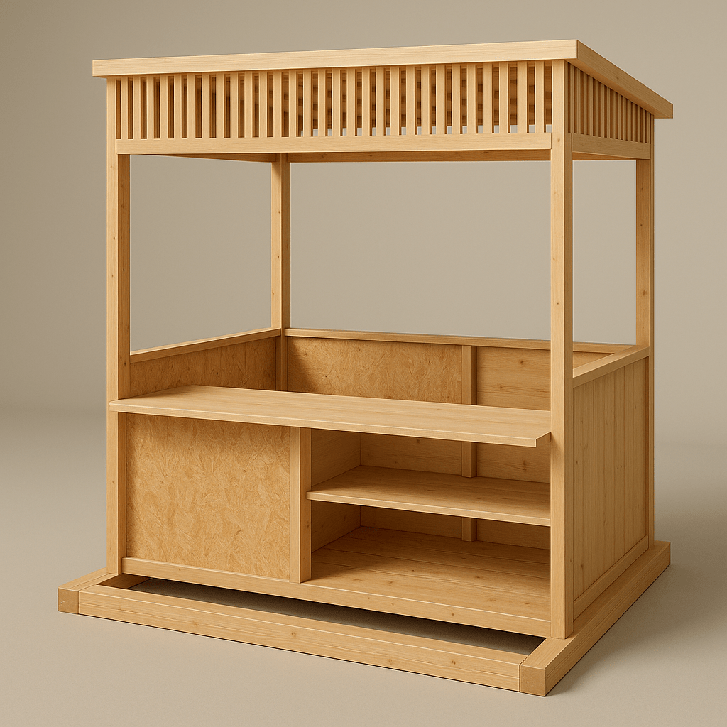 ⦁ Основание (Нижняя обвязка): Брус 100х100 мм (4 шт. по 2000 мм).
⦁ Вертикальные стойки: Брус 100х100 мм или 50х100 мм.
  ⦁ Передние стойки: 2300 мм (2 шт.)
  ⦁ Задние стойки: 2100 мм (2 шт.) — создаем уклон для стока воды.
⦁ Крыша и верхняя обвязка: Доска 50х100 мм.
⦁ Обшивка: OSB-3 (толщина 9-12 мм). Листы имеют стандартный размер 2500х1250 мм
 Этап 1: Основание
Соберите квадрат 2000х2000 мм. Уложите внутри две лаги с шагом 600 мм, чтобы пол не "играл". Сверху закрепите лист OSB или половую доску.

📚 Этап 2: Каркас стен
1. Установите передние угловые стойки (2300 мм).
2. Установите задние угловые стойки (2100 мм).
3. Соедините их сверху горизонтальными прогонами.
4. Важно: Для жесткости добавьте промежуточную стойку на задней стене и по одной на боковых.

📚 Этап 3: Фасад и Столешница
Как видно на фото, фасад закрыт наполовину:
⦁ Левая часть: Глухая стенка из OSB (ширина 1250 мм).
⦁ Правая часть: Проход для продавца (ширина около 750 мм).
⦁ Столешница: Крепится на уровне 900 мм от пола. Под ней можно сделать полки для товара.

📚 Этап 4: Декоративная решетка
Верхняя часть (фриз) над гирляндой делается из узких реек (баффелей) сечением 20х40 мм с шагом 50 мм. Это придает конструкции современный вид.