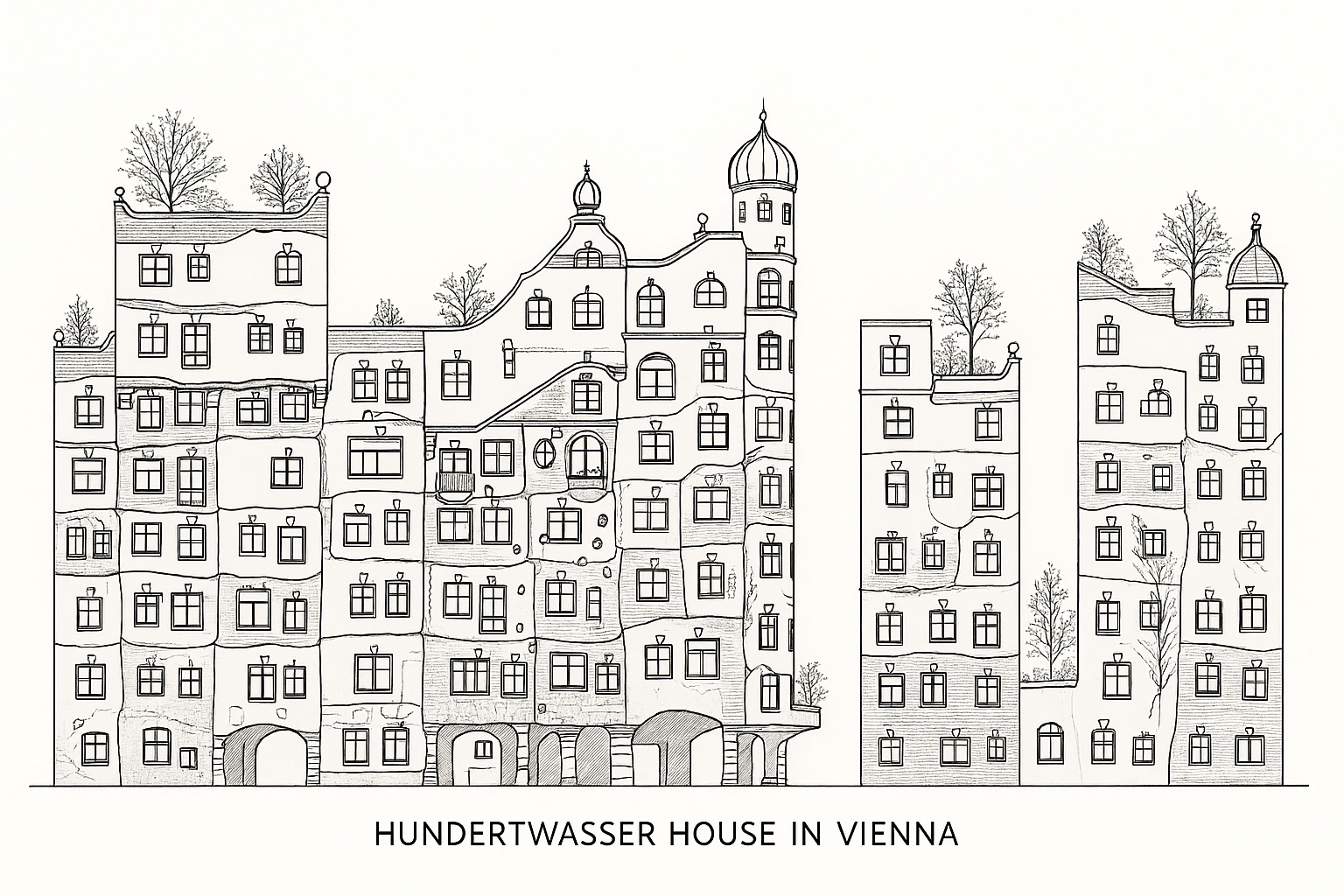 Engineering drawing of all the facades of the Hundertwasser house in Vienna, preserving the scale and accuracy of the actual building