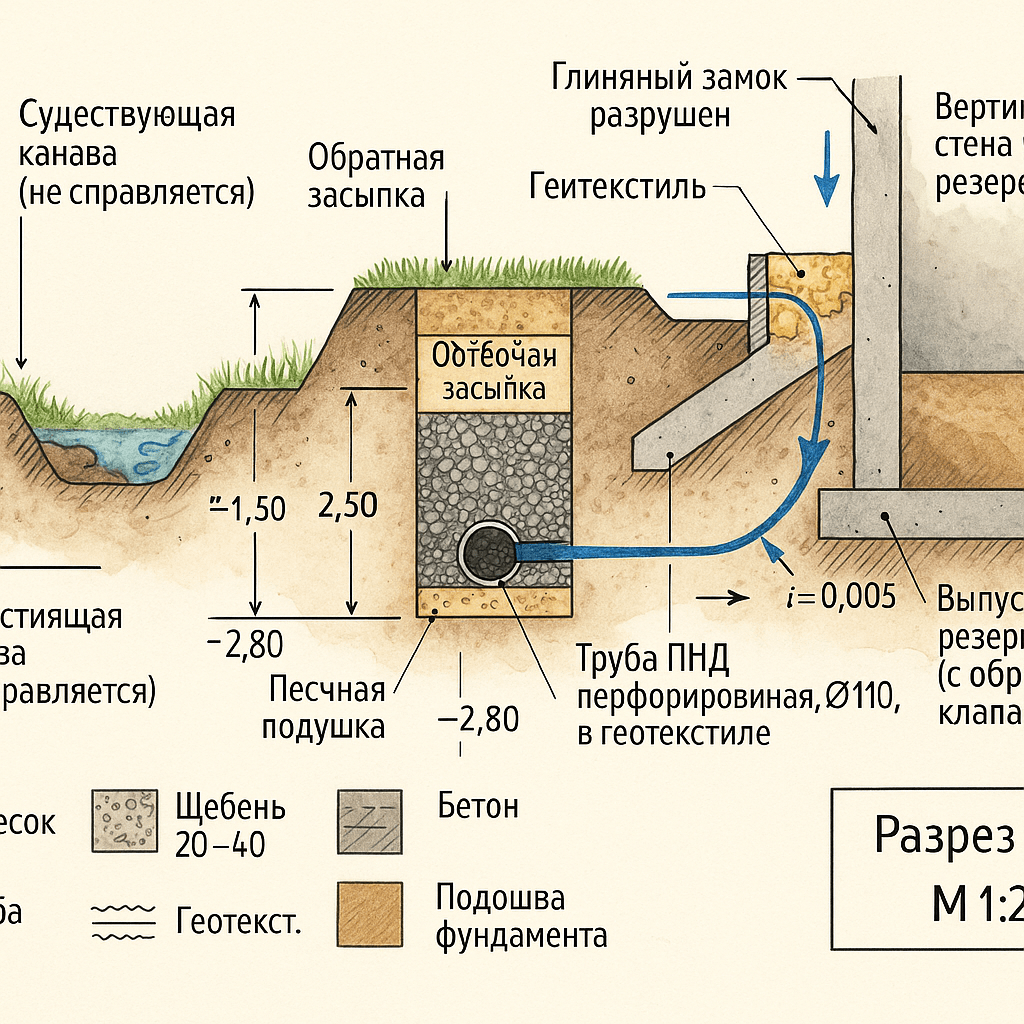 Стиль:
Инженерный чертеж, поперечный геологический разрез, вид сбоку, выполненный в смешанной технике: контуры — чёткие линии в стиле AutoCAD, штриховка и текстуры — акварельные или карандашные, подписи — чёрным шрифтом, стрелки — синие. Белый фон, горизонтальная компоновка, формат альбомной ориентации.

Композиция (слева направо):
Слева — существующая открытая канава.

Трапециевидное углубление шириной по верху ~2 м, глубиной ~1,5 м.

Откосы покрыты редкой травой (зеленые штрихи).

Дно канавы — коричневый грунт, местами лужи (синие пятна).

Подпись: «Существующая канава (не справляется)» с выносной линией.

Центр — новая дренажная траншея.

Прямоугольное сечение шириной ~1 м, глубиной ~2,5 м.

Внутри траншеи показаны слои (снизу вверх):

Песчаная подушка (светло-жёлтый, текстура песка) толщиной 0,1 м.

Щебёночная обсыпка (серый с текстурой мелких камней) толщиной 0,4 м.

В центре щебня — дренажная труба (чёрная окружность диаметром ~0,15 м, обёрнутая волнистой линией — геотекстилем). Подпись: «Труба ПНД перфорированная, Ø110, в геотекстиле».
Слой геотекстиля, оборачивающий щебень (тонкая чёрная волнистая линия вокруг щебня).

Выше щебня — обратная засыпка (светло-коричневый грунт).

Верхний слой — газон (короткая зелёная травка).

По бокам траншеи — естественный грунт (тёмно-коричневый с мелкими вкраплениями).

Справа — резервуар и примыкающие конструкции.

Вертикальная бетонная стена резервуара (серый цвет, текстура бетона) толщиной ~0,5 м.

В верхней части стены — разрушенный глиняный замок: прерывистый слой жёлто-коричневой глины с трещинами и провалами. Подпись: «Глиняный замок — разрушен».

Справа к стене примыкает монолитный ж/б пандус (серый, наклонная поверхность).

Между пандусом и грунтовым откосом — зазор (чёрная щель шириной ~2–5 см). Подпись: «Зазор, сколы бетона — путь воды».

Справа от пандуса — насыпной откос (коричневый грунт, плавный спуск).

Под всем этим — основание: бетонная плита фундамента резервуара (серая, горизонтальная, толщиной ~0,4 м). Подпись: «Подошва фундамента».
Дополнительные элементы:

Синие стрелки (потоки воды):

Стрелка, идущая сверху в разрушенный глиняный замок.

Стрелка вдоль стены резервуара вниз к зазору.

Стрелка из зазора влево, в щебёночную обсыпку дренажной траншеи.

Стрелка внутри щебня к трубе.

Стрелка из трубы вправо (за пределы чертежа) с подписью: «Выпуск в резервуар (с обратным клапаном)».

Размерные линии и отметки (тонкие чёрные линии с цифрами):

Вертикальные размеры: глубина траншеи, толщина слоёв, отметка низа трубы, отметка подошвы фундамента.

Горизонтальные расстояния: от канавы до траншеи, от траншеи до стены резервуара.

Уровни: «Ур. земли», «Ур. дна канавы», «Ур. низа трубы», «Ур. подошвы фундамента» с числовыми значениями (например, -1.50, -2.80, -2.30).

Уклоноуказатель: стрелка с надписью «i=0,005» (направление в сторону выпуска).

Условные обозначения и штриховки (в углу или на свободном месте):
Квадратик с текстурой песка — «Песок».

Квадратик с камешками — «Щебень 20–40».

Волнистая линия — «Геотекстиль».

Кирпичная штриховка — «Бетон».

Коричневый фон — «Грунт».

Цветовая гамма:

Грунт — от светло- до тёмно-коричневого.

Бетон — серый.

Щебень — серый с белыми вкраплениями.

Песок — жёлто-серый.

Геотекстиль — чёрный пунктир/волнистая линия.

Вода — синие стрелки и пятна.

Трава — зелёная.

Подписи и размеры — чёрные.
Освещение:
Мягкое равномерное, без теней, чтобы все детали были чёткими. Можно добавить лёгкую объёмность за счёт тонких линий контура.

Разрешение и качество:
Высокое, детализированное, векторный стиль (имитация).
Не использовать фотографический реализм — нужен именно чертёжный стиль.

Подписи должны быть на русском языке, чёткие, разборчивые.

Все элементы должны быть подписаны и соединены выносными линиями.

Можно добавить штамп в правом нижнем углу: «Разрез А–А. М 1:20».

Этот промпт даст детальное описание для генерации изображения, близкого к инженерной схеме. Если нужно подкорректировать детали (например, убрать штамп или добавить больше стрелок), уточните.