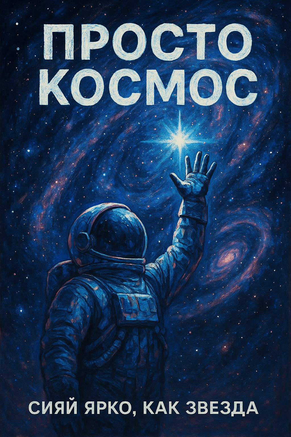 Фон: фантастическая галактика с космонавтом, который тянет руку в вверх, над ним надпись Просто Космос

Снизу карточки мелким шрифтом написать: «Сияй ярко, как звезда»