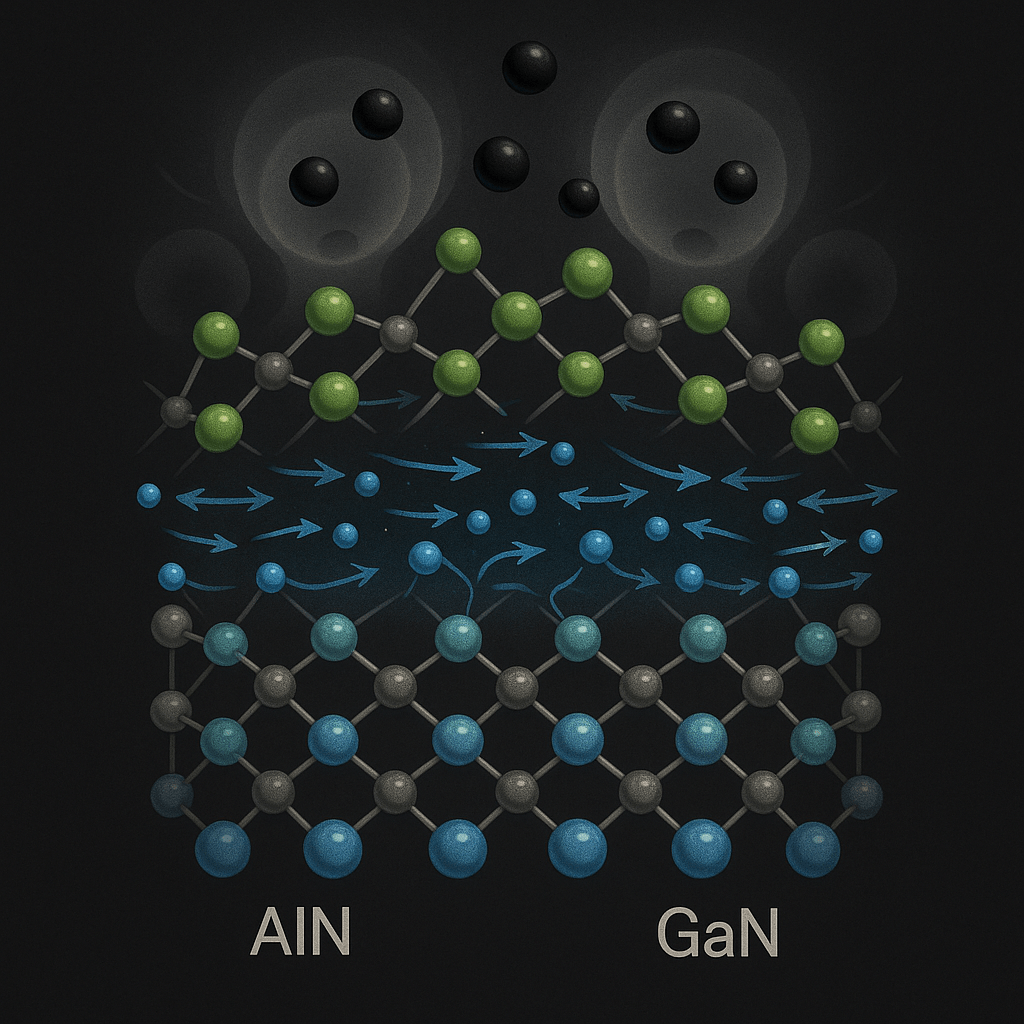 Создать высококачественную научную иллюстрацию,  гетероструктуры AlN/GaN. Атомы должны быть изображены в виде  цветных шариков. Размер и цвет шарика должен соответствовать типу атома. Изображение должно содержать:
1. Поперечное сечение двухслойной структуры, состоящих из атомов выстроенных в четкую гексагональную пространственную решетку:
- нижний слой состоит из атомов галлия и азота (шарики голубого и серого цвета);
- верхний слой состоит из из атомов галлия и азота (зеленые и серые шарики).
Оба слоя соединены друг с другом. Атомные связи иллюстрированы тонкими линиями. В верхней части нижнего слоя GaN, соответствующей области квантовой ямы, изобразить электроны 2DEG - некоторое количество маленьких (существенно меньше размеров атомов) шариков синего цвета. Добавить направления движения для электронов в виде тонких стрелок.
2. Изображение поверхностных зарядов и исходящего от этих зарядов потенциала поля.
Изобразить на поверхности оборванные  линии-связи, заряды изобразить в виде случайно расположенных на поверхности верхнего слоя (AlN) шариков черного  цвета. Потенциал поля исходящий от зарядов изобразить в виде полупрозрачных сферических областей, проникающих в нижний слой GaN. Электроны 2DEG (маленькие синие шарики) огибают эти области. Стрелки направления движения электронов также не проникают в область потенциала.
Использовать полуреалистичный, чистый стиль цифровой живописи с темным фоном для контраста.
Избегать  крупных объектов в рисунке. Сосредоточение на точном соответствии рисунка с описанием. Хорошая детализация рисунка.