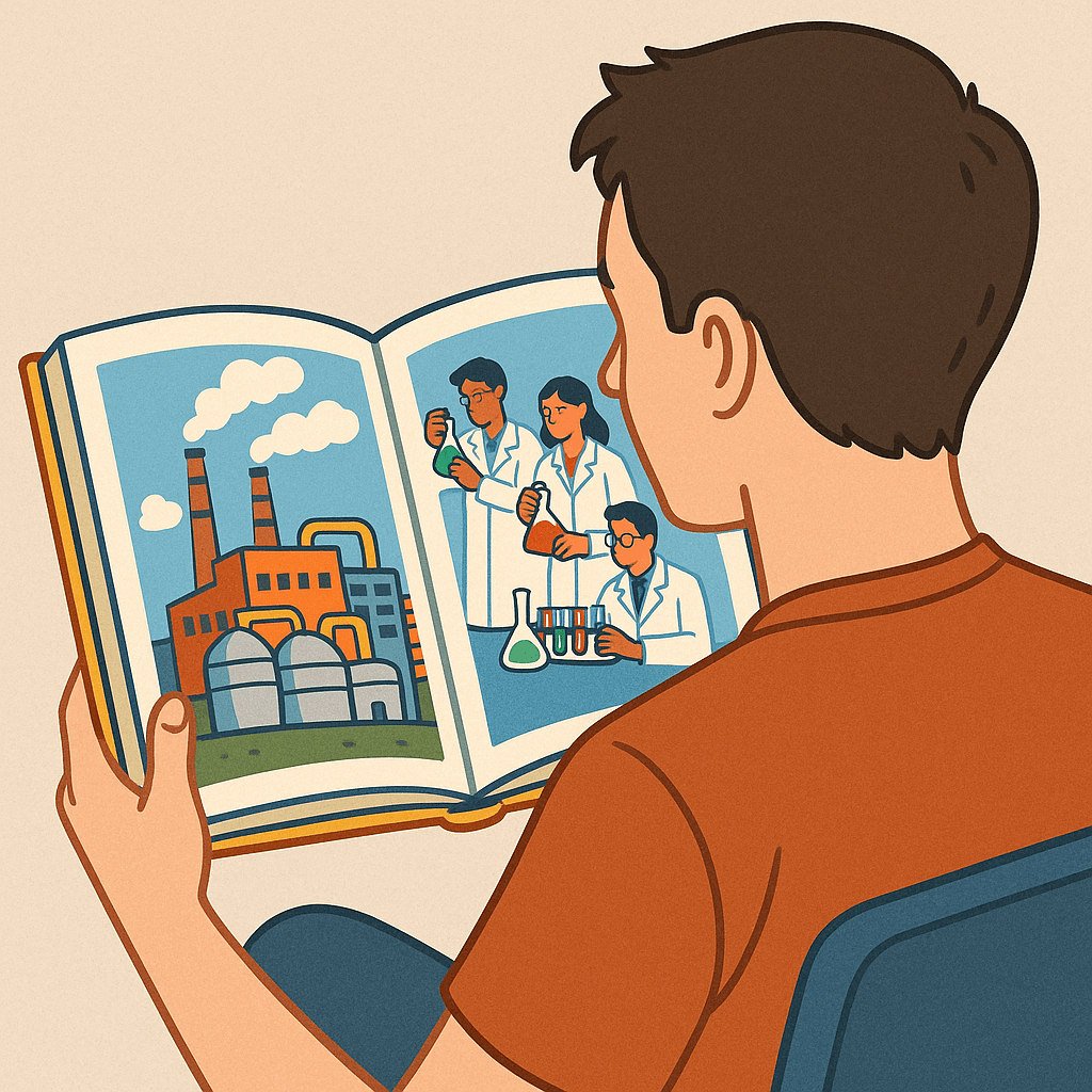 Нарисуй книгу которую читает молодой человек, у книги яркие элюстрации на картинках изображен завод, на другой странице люди в белых халатах с пробирками. Человек сидит к нам спиной и мы хорошо видим книгу которую он читает