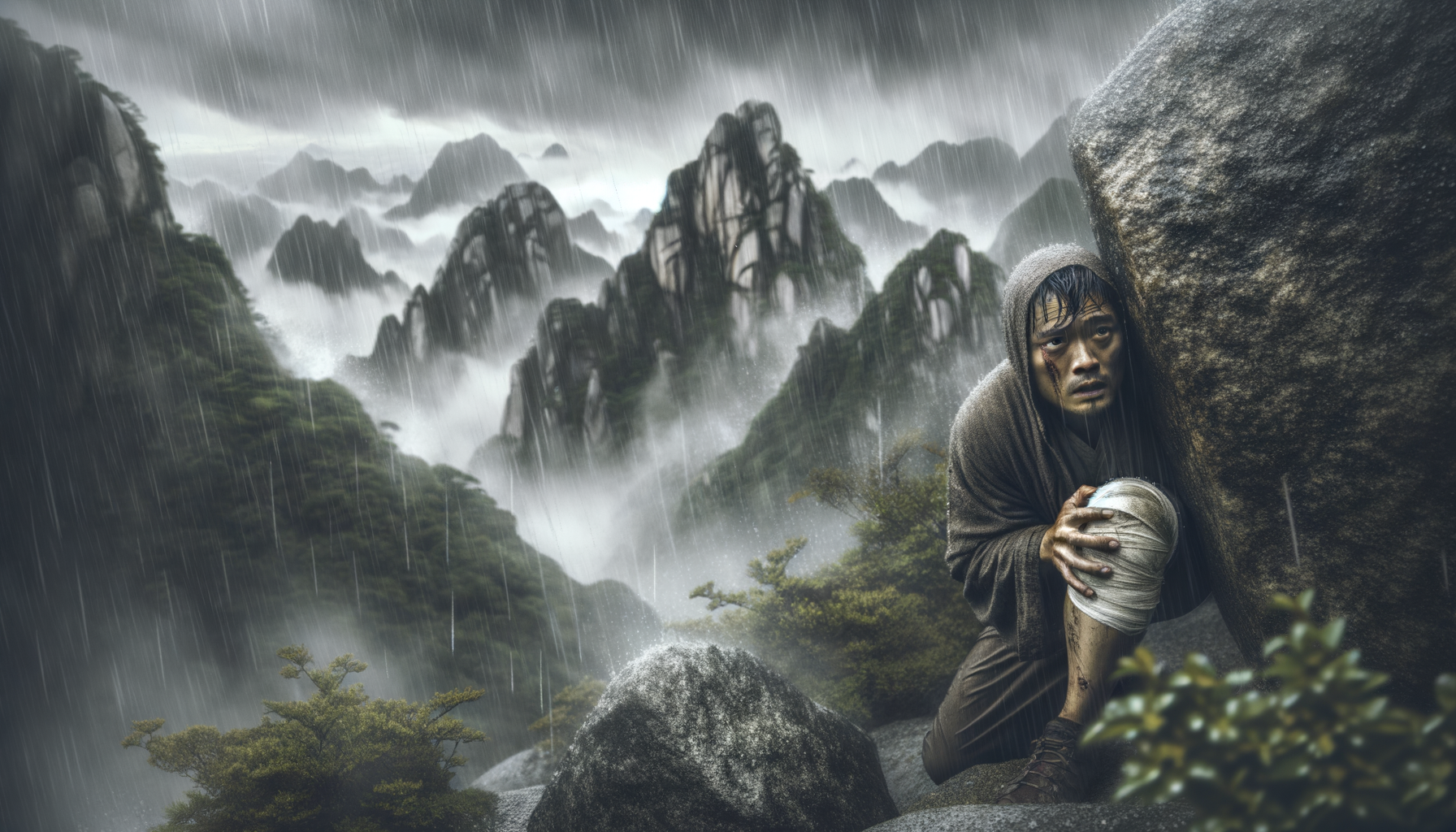 дождь в горах китайская девушка за камнем сломана нога