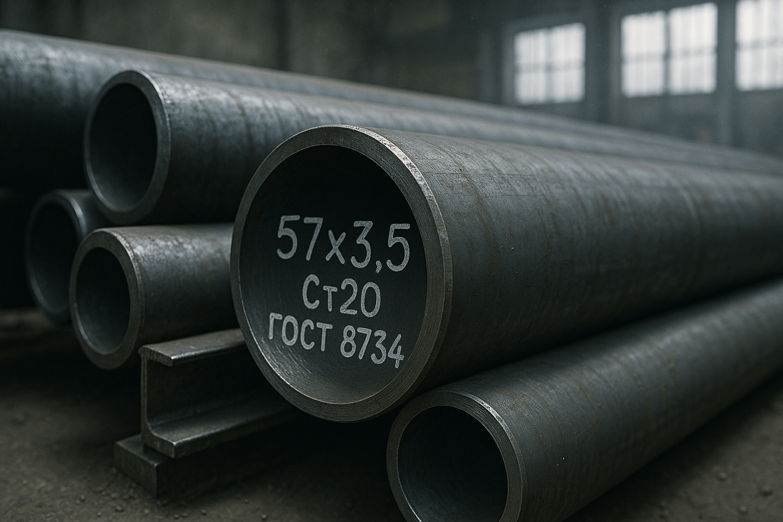 Фотография скользящих опор под трубопроводы. макросъемка, секция стальных труб по ГОСТ 8734, лежащих на складе металлопроката. Трубы бесшовные горячедеформированные, наружная поверхность с легкой окалиной и следами производственной смазки, видны небольшие царапины от транспортировки. Резкая металлическая текстура, реалистичное заводское освещение с высокими окнами, пыльный воздух. Стиль: гиперреализм, industrial photography, высокая детализация, 8K. На переднем плане торец трубы с маркировкой краской: "57x3.5 Ст20 ГОСТ 8734". Фотореалистично, шум сенсора, естественный свет. Фотография, макросъемка, секция стальных труб по ГОСТ 8734, лежащих на складе металлопроката. Трубы бесшовные горячедеформированные, наружная поверхность с легкой окалиной и следами производственной смазки, видны небольшие царапины от транспортировки. Резкая металлическая текстура, реалистичное заводское освещение с высокими окнами, пыльный воздух. Стиль: гиперреализм, industrial photography, высокая детализация, 8K. На переднем плане торец трубы с маркировкой краской: "57x3.5 Ст20 ГОСТ 8734". Фотореалистично, шум сенсора, естественный свет.