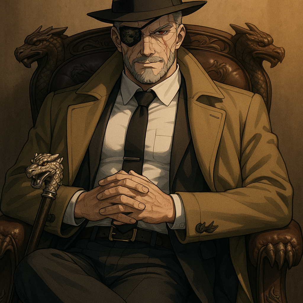 Трансформеры 2001 года, Гальватрон, 40-43 лет, высокий, статный, крепкого телосложения, рост 190-195, военная выправка, короткие и прямые серебристо-светлые волосы с металическим оттенком на висках, серьезные черты лица, строгое выражение, левый глаз красный, правый глаз закрывает черная прямая, прямоугольная повязка, на ней серебрянными нитками высечен дракон. На правой стороне лица, под повязкой, на месте, где был правый глаз, проходит широкий шрам, от лба до подбородка, а также пару небольших шрамов. Аккуратно подстриженная темно-серая бородка в стиле бальбо без баков и соединений. Одет он в белоснежную накрахмаленную рубашку поло, обтягивающую его рельефную фигуру, на торсе пуговицы готовы разойтись от мощи, идеально завязанный черный галстук, бежевый пиджак двойка, строгие черные брюки, с бронзовой пряжкой, лакированные высокие ботинки, на голове шляпа, поля которой отбрасывают тень на лицо. На плечах классическое длинное пальто цвета темного хаки, с темно-синей внутренней подклаткой. Он сидит в кожанном кресле, откинувшись на его спинку, украшенном драконьими вставками и дракониьми когтями, руки на подлокотниках, сложены замком на груди, одна нога согнута, вторая выпрямлена вперед. Рядом покоится трость с серебрянным наболдашником в виде оскаленной головы дракона. Гальватрон раслаблен и спокоен, излучает властность, непреклонность и гордость. Левый уголок губ приподнят в усмешке, единственный глаз смотрит проницательно, словно прожигает собеседника.