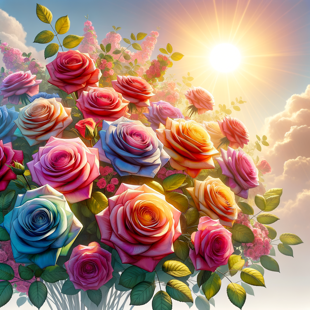 a bouquet of multi-colored roses, in the background the spring sun and sky