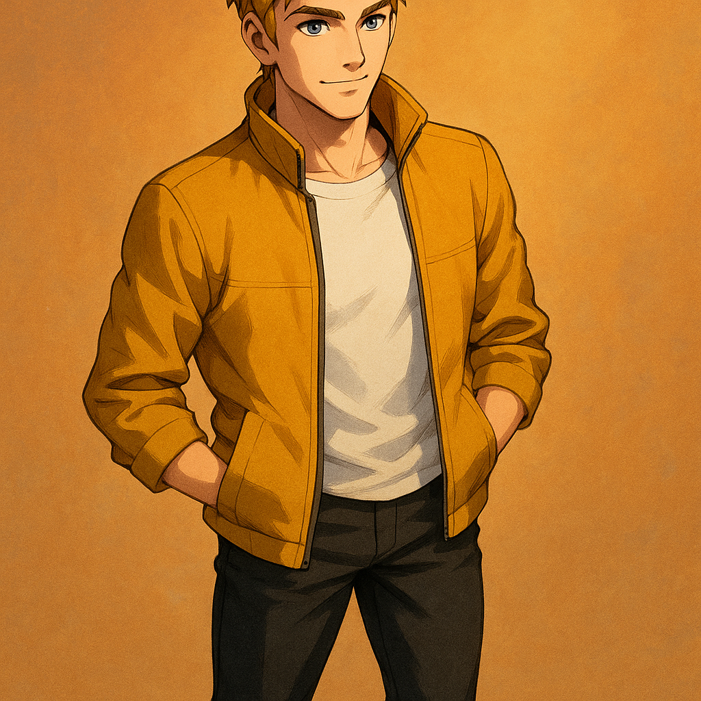 Бамблби, трансформеры прайм. Юноша выглядит примерно на 20-22 года, что соответствует юному статусу персонажа среди автоботов. Он обладает стройным,  атлетичным, подтянутым телосложением, что идеально отражает акцент на ловкости и скорости, присущие Бамблби.
Особенно примечательны следующие черты, которые хорошо соотносятся с образом персонажа:
Тёмно-желтые волосы с немного взъерошенной укладкой выглядят стильно и динамично, что отражает энергичный характер Бамблби.
Выразительные черты лица с открытым, располагающим выражением. Четкие линии скул и подбородка говорят о решительности, присущей разведчику, а легкий намек на улыбку в уголках губ выдает его дружелюбную натуру.
Жакет горчично-коричневого цвета очень близок к желтой цветовой гамме классического Бамблби, только в более приглушенном, реалистичном варианте.
Нежно-белая футболка под жакетом создает приятный контраст и подчеркивает молодежный стиль персонажа, а черные брюки завершают классическую для Бамблби желто-черную цветовую схему. Высокие кроссовки.
Поза молодого человека, чуть развернутая в сторону, с руками в карманах, передает ощущение непринужденной уверенности и готовности к действию — черты, которые всегда характеризовали Бамблби.