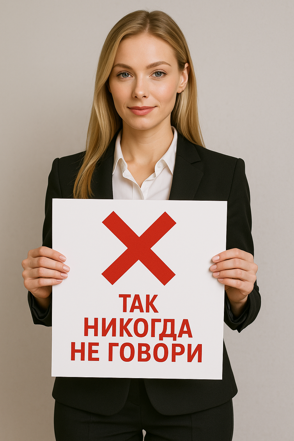 Нарисуй девушку блондинку стройную красивую в деловом костюме, она держит плакат над уровнем груди на плакат. На плакате красный крест с подписью « Так никогда не говори»