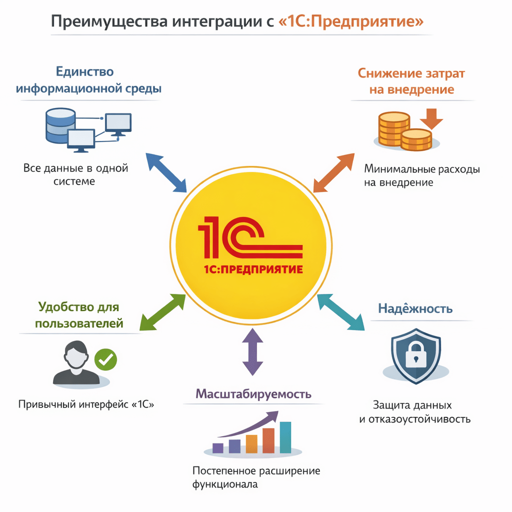боснование выбора интеграции с «1С:Предприятие»
Внедрение CRM‑модуля непосредственно в среду «1С:Предприятие» обосновано следующими факторами:

Единство информационной среды — все данные хранятся и обрабатываются в одной системе, что исключает дублирование и ошибки при переносе данных.

Снижение затрат на внедрение — использование существующей платформы минимизирует затраты на лицензирование и поддержку.

Удобство для пользователей — сотрудники уже знакомы с интерфейсом «1С», что сокращает время на обучение.

Масштабируемость — возможность постепенного расширения функционала модуля без нарушения работы других процессов.

Надёжность — «1С:Предприятие» обеспечивает высокий уровень защиты данных и отказоустойчивость. создай схему