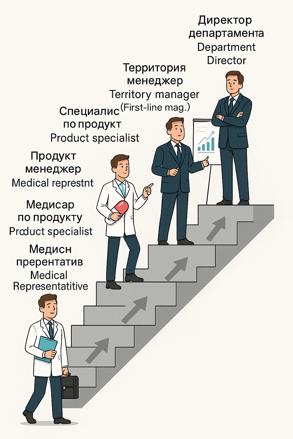 Нарисуй как может по карьерной лестнице расти медицинский представитель фармацевтической компании. Вначале он медицинский представитель, потом специалист по продукту, потом менеджер по продукту, потом территориальный менеджер( руководитель первой линии управления), потом директор департамента