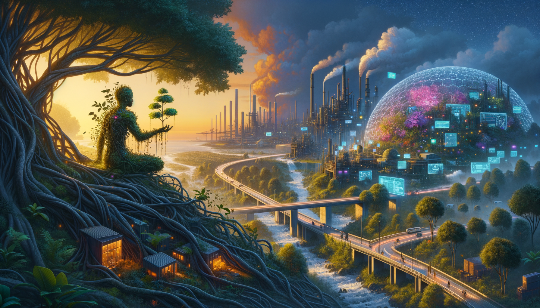 Draw a picture of the future, where a person is close to nature and a bridge connecting today with this future. It should be vivid and show the important involvement of industry and its digitalization.