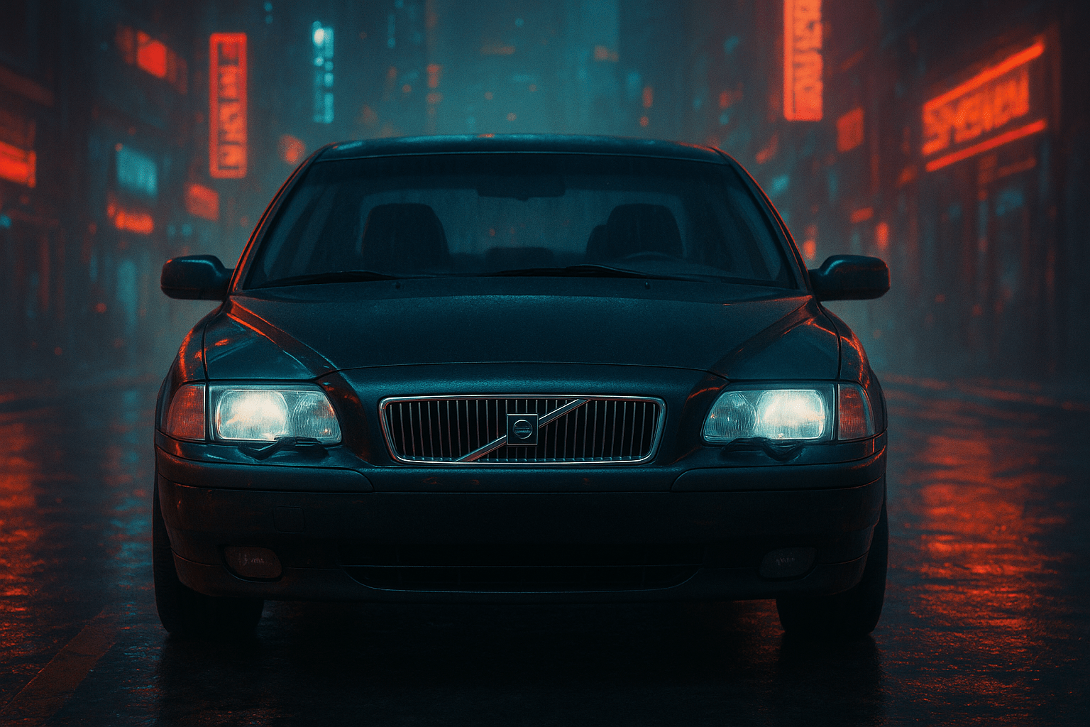 Volvo S80 2000 года выпуска вид спереди чёрная без номеров со значком в виде флага Швеции на стойке