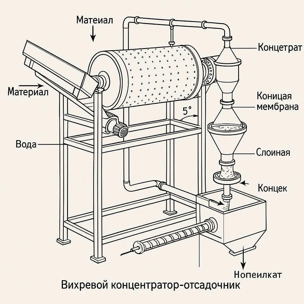 ЕХНИЧЕСКОЕ ЗАДАНИЕ ДЛЯ ГЕНЕРАЦИИ 3D-МОДЕЛИ И ЧЕРТЕЖЕЙ
Объект: «Вихревой концентратор-отсадочник» для сепарации импактных алмазов

1. ОБЩЕЕ УСТРОЙСТВО И ПОСЛЕДОВАТЕЛЬНОСТЬ РАБОТЫ

Система представляет собой линейно-модульную конструкцию с строгой последовательностью технологических операций. Поток материала движется СЛЕВА-НАПРАВО и СВЕРХУ-ВНИЗ. Все узлы должны быть соединены герметичными патрубками.

2. ОПИСАНИЕ МОДУЛЕЙ В ПОРЯДКЕ ИХ РАБОТЫ

МОДУЛЬ 1: ЗАГРУЗОЧНО-ПРОМЫВНОЙ БЛОК

Расположение: Левый край системы, высшая точка конструкции

Состав:

Наклонный вибрационный питатель

Конструкция: Стальной лоток с бортами высотой 200 мм

Угол наклона: 15° к горизонту

Привод: Вибрационный мотор с частотой 50 Гц

Назначение: Равномерная подача материала в барабан

Вращающийся промывочный барабан

Геометрия: Цилиндр длиной 2500 мм, диаметром 800 мм

Перфорация: Отверстия диаметром 6 мм по всей поверхности

Угол наклона: 5° к горизонту

Привод: Мотор-редуктор через зубчатый венец

Внутренние элементы: Спиральные транспортирующие ребра высотой 50 мм

МОДУЛЬ 2: СИСТЕМА ПОДАЧИ ВОДЫ

Расположение: Над барабаном и в нижних точках системы

Состав:

Форсунки высокого давления - над входной частью барабана

Насосная станция - под рамой конструкции

Рециркуляционные трубопроводы - соединяют отстойник с форсунками

МОДУЛЬ 3: ВИХРЕВАЯ ОТСАДОЧНАЯ КАМЕРА

Расположение: Справа от барабана, на одном уровне с его нижним концом

Состав:

Конический сепаратор

Геометрия: Усеченный конус высотой 1200 мм

Диаметры: Верхний - 500 мм, нижний - 150 мм

Патрубок подачи пульпы: Тангенциальный, диаметр 80 мм

Пульсационный узел

Расположение: В самой нижней точке конуса

Конструкция: Эластичная мембрана диаметром 150 мм

Привод: Электромагнитный вибратор под мембраной

Сборник концентрата

Расположение: Над мембраной, внутри конуса

Конструкция: Съемный лоток с радиальными рифлями высотой 7 мм

МОДУЛЬ 4: СИСТЕМА СБОРА И ВЫГРУЗКИ

Расположение: Под основными модулями

Состав:

Отстойный резервуар - емкость 500 литров

Шнековый транспортер - для выгрузки концентрата

Хвостовой слив - желоб для отвода легкой фракции

3. СИЛОВАЯ РАМА И ОПОРЫ

Материал: Стальной профиль 100×50 мм

Конструкция: Пространственная ферма с:

Роликовыми опорами под барабан

Фланцевыми соединениями для отсадочной камеры

Регулируемыми ножками для выравнивания

4. ТЕХНОЛОГИЧЕСКАЯ ЦЕПОЧКА (ВАЖНО!)

Подача сырья → Вибрационный питатель → Вращающийся барабан

Первичное разделение → Крупная фракция (сброс) / Мелкая фракция + вода (пульпа)

Транспорт пульпы → Самотеком по патрубку → Вихревая камера

Вторичное разделение →

Легкая фракция → Переливной желоб → Отстойник

Тяжелая фракция → Концентраторный лоток → Шнековый транспортер

Рециркуляция воды → Отстойник → Насос → Форсунки

5. КРИТИЧЕСКИЕ РАЗМЕРЫ И СООТНОШЕНИЯ

Высота всей установки: 2800 мм

Длина по осям: 4500 мм

Ширина: 1800 мм

Угол наклона барабана: 5° ±0.5°

Угол наклона питателя: 15° ±1°

Зазор между барабаном и отсадочной камерой: 100 мм

Перепад высот между входом в барабан и выходом из отсадочной камеры: 350 мм

6. ТРЕБОВАНИЯ К МОДЕЛИ

Параметризация всех критических размеров

Указание направлений потоков (материал, вода, концентрат)

Отображение всех соединений и интерфейсов

Указание материалов для каждого узла

Простановка допусков и посадок для сопрягаемых элементов

Это описание позволяет однозначно воспроизвести конструкцию с сохранением всех технологических взаимосвязей между модулями.
сделай чертёж