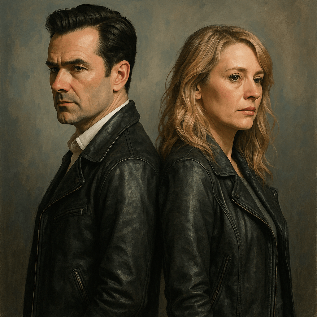 Arthur Ketch as David Haydn-Jones and Samantha Smith as Mary Winchester are standing in leather jackets with their backs to each other.