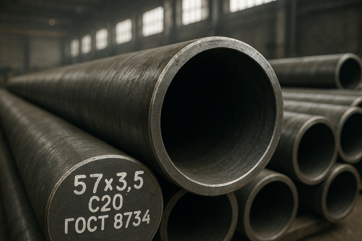 Фотография, макросъемка, секция стальных труб по ГОСТ 8734, лежащих на складе металлопроката. Трубы бесшовные горячедеформированные, наружная поверхность с легкой окалиной и следами производственной смазки, видны небольшие царапины от транспортировки. Резкая металлическая текстура, реалистичное заводское освещение с высокими окнами, пыльный воздух. Стиль: гиперреализм, industrial photography, высокая детализация, 8K. На переднем плане торец трубы с маркировкой краской: "57x3.5 Ст20 ГОСТ 8734". Фотореалистично, шум сенсора, естественный свет. Опоры трубопроводов ппу