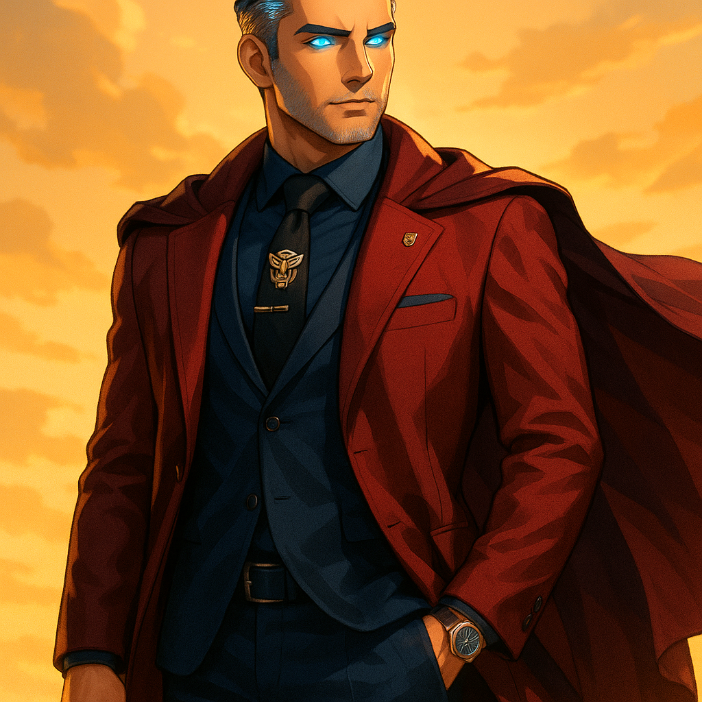 Король Оптимус Прайм: Современная интерпретация

В современном облачении Оптимус Прайм, Король Кибертрона, предстаёт как воплощение элегантной власти — сочетание монарха и успешного лидера XXI века.

Мужчина возраста 33-35 лет он находится на пике своих физических и интеллектуальных возможностей. Его фигура (180-185 см) хоть и не выделяется чрезмерным ростом, но привлекает внимание королевской осанкой и уверенностью. Телосложение крепкое, атлетическое — результат многих лет тренировок и сражений, компактное и мощное. В его движениях чувствуется сбалансированность и сила, характерные для человека, привыкшего действовать решительно и эффективно.

Его гардероб олицетворяет утончённую власть с характерным цветовым сочетанием. Темно-красный пиджак безупречного кроя стал его визитной карточкой — сдержанный, но выразительный, подчёркивающий широкие плечи и уверенную осанку. Под ним — тёмно-синяя рубашка из высококачественного материала, идеально сочетающаяся с тёмно-синими брюками из дорогой ткани с едва заметным металлическим отливом.

Чёрный галстук с тонко вышитой золотой нитью эмблемой автоботов — единственный явный символ его происхождения и положения. Этот знак узнаваем для посвящённых, но достаточно сдержан, чтобы не привлекать лишнего внимания.

Завершает образ роскошный плащ-накидка с тёмно-бордовой подкладкой, напоминающий королевскую мантию, но адаптированный для современного мира. В официальных ситуациях он носит его на плечах, в моменты действия — позволяет свободно развеваться, создавая драматический эффект.

Обувь — безупречно начищенные чёрные лакированные ботинки, сочетающие классический стиль и практичность.

Его волосы представляют особый интерес — тёмно-синие, почти чёрные в определённом освещении, с необычным металлическим акцентом на висках, который создаёт впечатление преждевременной, но благородной седины. Стрижка короткая, аккуратная, с чётко выраженной линией.

Лицо Оптимуса сочетает классические черты: сильный подбородок, прямой нос, высокие скулы. Но самая выразительная деталь — его глаза, ярко-синие, словно подсвеченные изнутри, внимательные и проницательные. Взгляд короля Прайма одновременно твёрдый и понимающий, способный внушать уверенность одним и страх другим.

В официальных ситуациях он может дополнять свой образ сдержанными аксессуарами: платиновые часы с синим циферблатом, тонкое кольцо-печатка с символом Праймов или небольшой значок автоботов на лацкане пиджака.

Контраст темно-красного пиджака с тёмно-синей рубашкой и брюками создаёт узнаваемую цветовую схему, перекликающуюся с его обликом трансформера, но в элегантной, современной интерпретации. Эта комбинация цветов мгновенно идентифицирует его как Оптимуса Прайма, даже без явных символов и знаков.

Оптимус невысок для короля, но его присутствие заполняет пространство, заставляя даже более высоких людей чувствовать себя в тени его авторитета. Это яркий пример того, что истинное величие не измеряется сантиметрами роста.