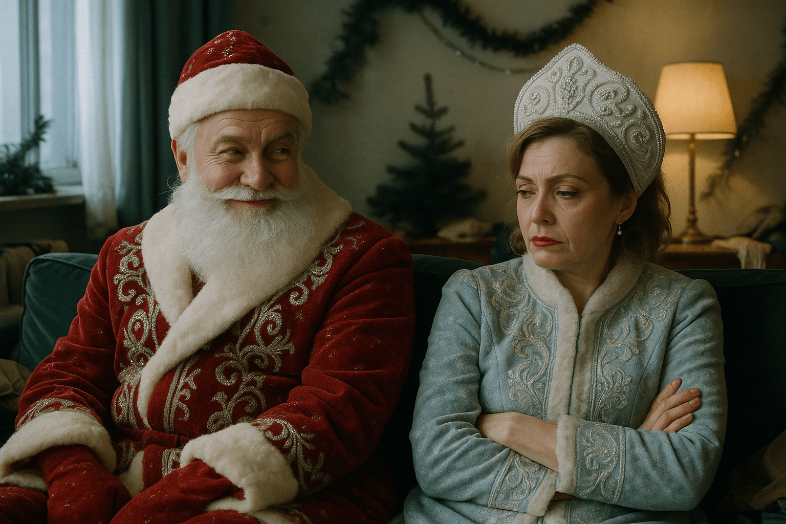 dle-aged Russian couple in luxurious, intricately embroidered Ded Moroz and Snegurochka costumes sit on a plush couch in a stylish, slightly messy apartment after an argument. Ded Moroz has a perfectly groomed, artificial-looking white beard (high-quality faux fur or silicone), and he glances at Snegurochka with a mischievous smirk and a playful twinkle in his eye. She avoids eye contact, her face showing mixed emotions—resentment, sadness, but also lingering affection. Her makeup is elegant and slightly dramatic (red lips, winged eyeliner), emphasizing her beauty for her age, though her hairstyle is slightly disheveled from the day's work.
The room is dimly lit by cold winter light from a large window, contrasting with warm golden light from a nearby lamp. Faded New Year's decorations (a half-fallen garland, a tilted plastic tree) hint at both their profession and the strained holiday spirit. Cinematic shallow depth of field, muted color palette with rich textures (velvet, fur, glitter), 35mm film grain. The composition balances intimacy and tension, inspired by the melancholic humor of 'Little Miss Sunshine' and the raw relationship dynamics of 'Marriage Story'. Hyper-realistic, avoid cartoonish or fantasy elements. dle-aged Russian couple in luxurious, intricately embroidered Ded Moroz and Snegurochka costumes sit on a plush couch in a stylish, slightly messy apartment after an argument. Ded Moroz has a perfectly groomed, artificial-looking white beard (high-quality faux fur or silicone), and he glances at Snegurochka with a mischievous smirk and a playful twinkle in his eye. She avoids eye contact, her face showing mixed emotions—resentment, sadness, but also lingering affection. Her makeup is elegant and slightly dramatic (red lips, winged eyeliner), emphasizing her beauty for her age, though her hairstyle is slightly disheveled from the day's work.
The room is dimly lit by cold winter light from a large window, contrasting with warm golden light from a nearby lamp. Faded New Year's decorations (a half-fallen garland, a tilted plastic tree) hint at both their profession and the strained holiday spirit. Cinematic shallow depth of field, muted color palette with rich textures (velvet, fur, glitter), 35mm film grain. The composition balances intimacy and tension, inspired by the melancholic humor of 'Little Miss Sunshine' and the raw relationship dynamics of 'Marriage Story'. Hyper-realistic, avoid cartoonish or fantasy elements.