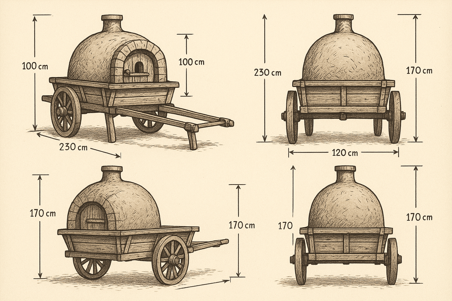 Create a drawing of a baking oven (clay, closed) on a two-axle medieval cart, mobile in the medieval style. Preferably views from different sides. It should be done in a graphic style with callouts of sizes.