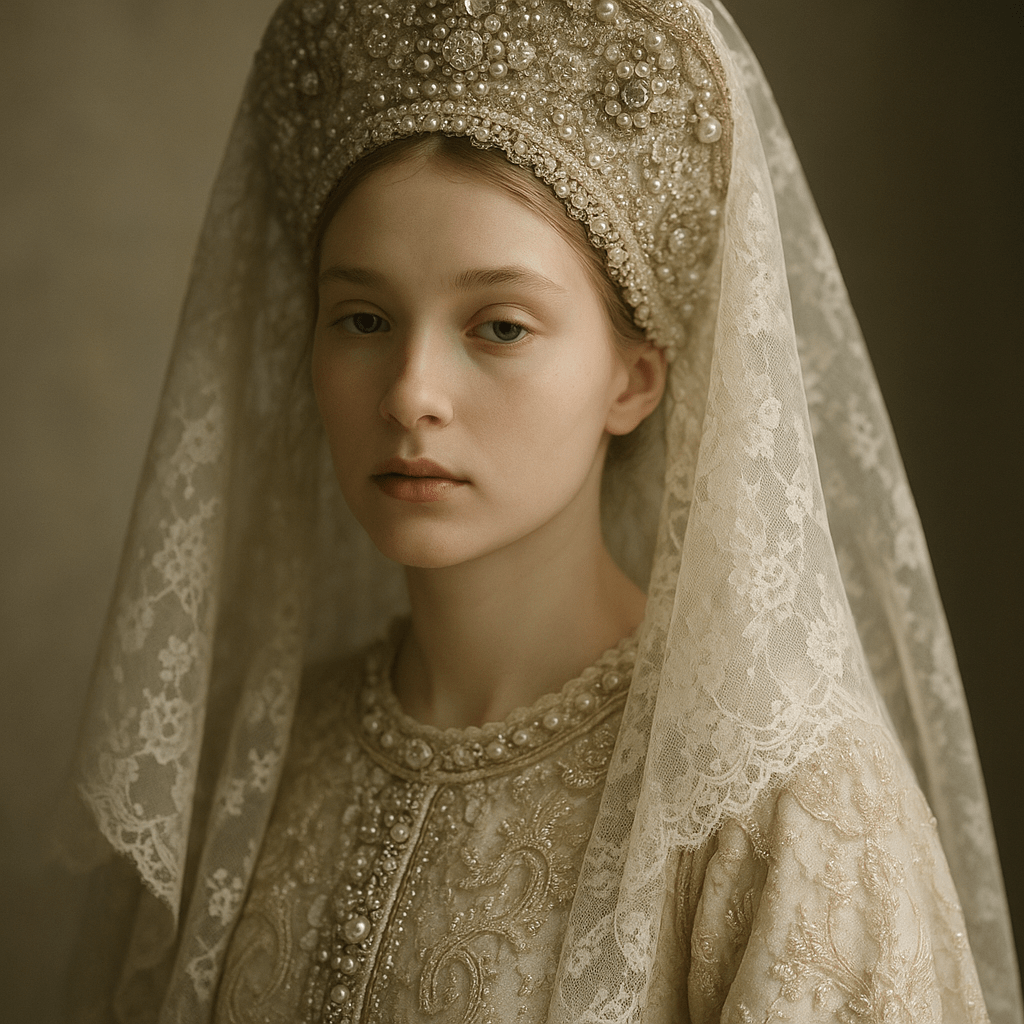 A single young woman with ethereal Slavic features, pale porcelain skin, soft natural makeup, and calm introspective expression. She is wearing an ornate traditional-inspired bridal headdress richly decorated with pearls, crystals, and fine metallic embroidery. A delicate lace veil drapes over her head and shoulders. The outfit is luxurious, historical, and couture-like, inspired by Eastern European and medieval royal aesthetics.
Cinematic fine art portrait, soft diffused natural light, shallow depth of field, muted earthy and ivory color palette. Ultra-detailed textures of lace, jewelry, and fabric. Painterly realism, high fashion editorial style, renaissance-inspired composition.
Shot on medium format camera, 85mm lens look, f/1.8, soft focus background, museum-quality photography, dramatic yet gentle mood, timeless elegance, no modern elements.