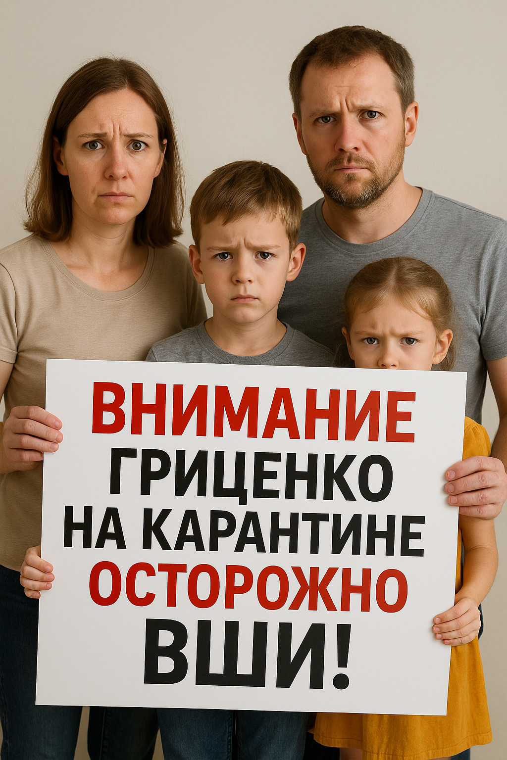 Нарисуй изображение стоят мама папа, сын и дочка и держат в руках большой плакат: Внимание Гриценко на карантине- осторожно ВШИ!