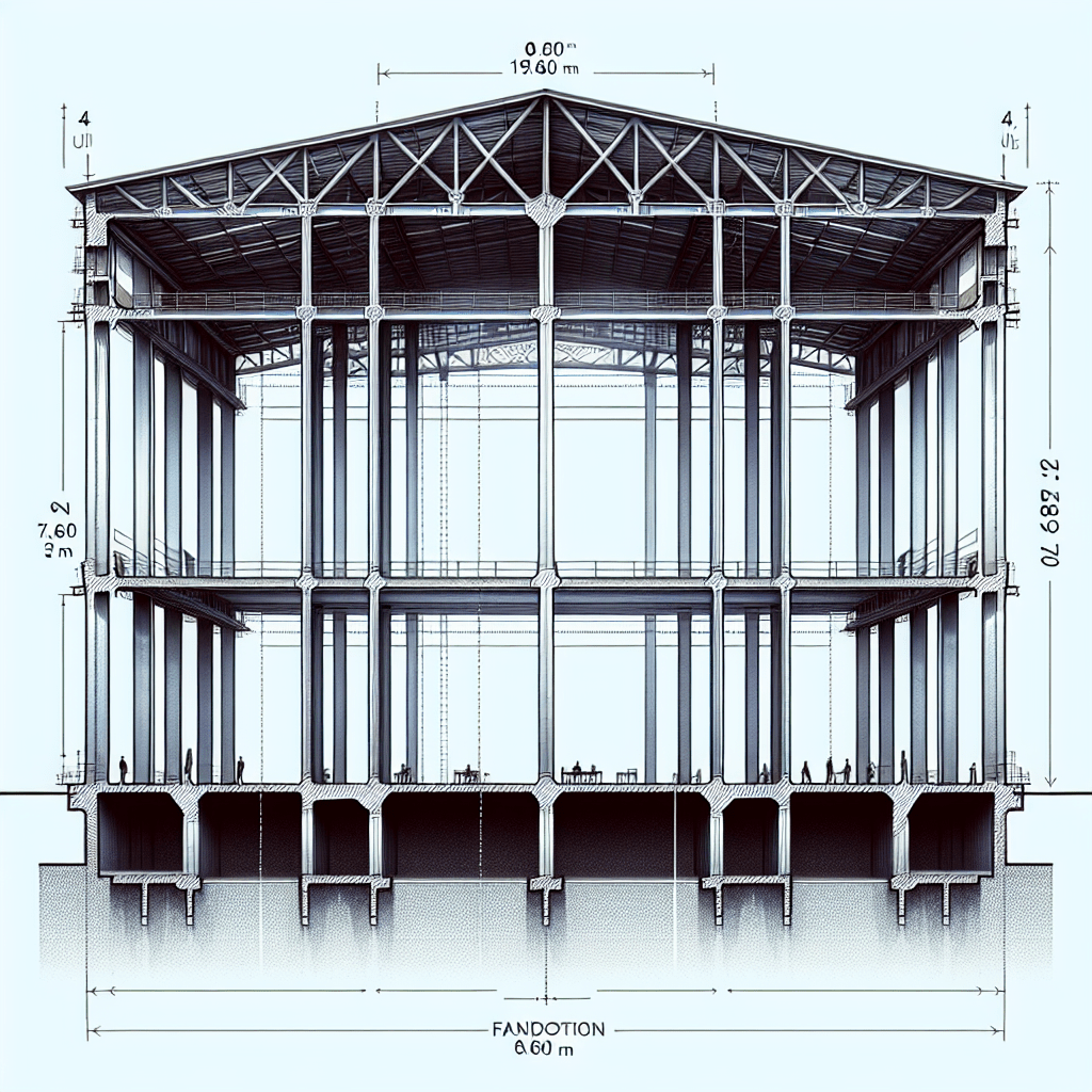 чертеж как в Autocad односторонний разрез одноэтажного промышленного здания длина здания 96 метров, по бокам колонны пролёт между ними 54 метра левостороннее освещение и  высотой до низа стропильных конструкций 9,60 метра, высота окон 6 метров с двух сторон, сверху располагается ферма, фундамент ленточный бетонный