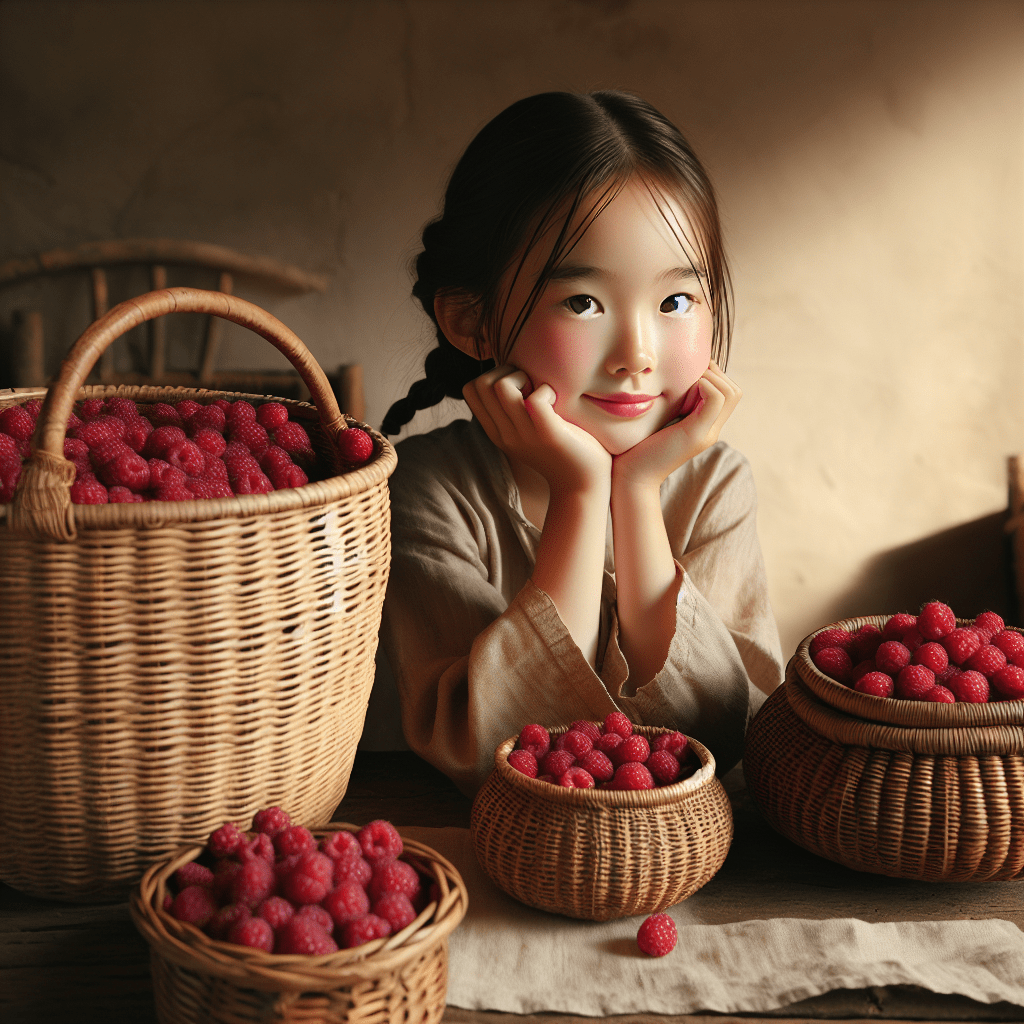 Сгенерируй карттнка девочка перед ней на столе таз с малиной, а такжк 3 корзины 2 маленьких одна большая