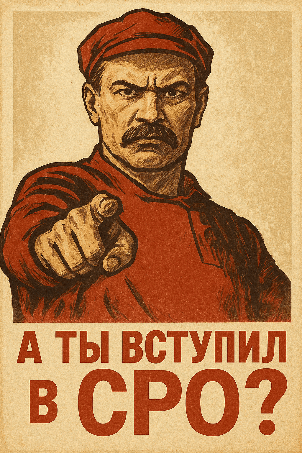 Советский плакат: суровый мужик показывает на тебя пальцем, текст — А ты вступил в СРО? Советский плакат: суровый мужик показывает на тебя пальцем, текст — А ты вступил в СРО?