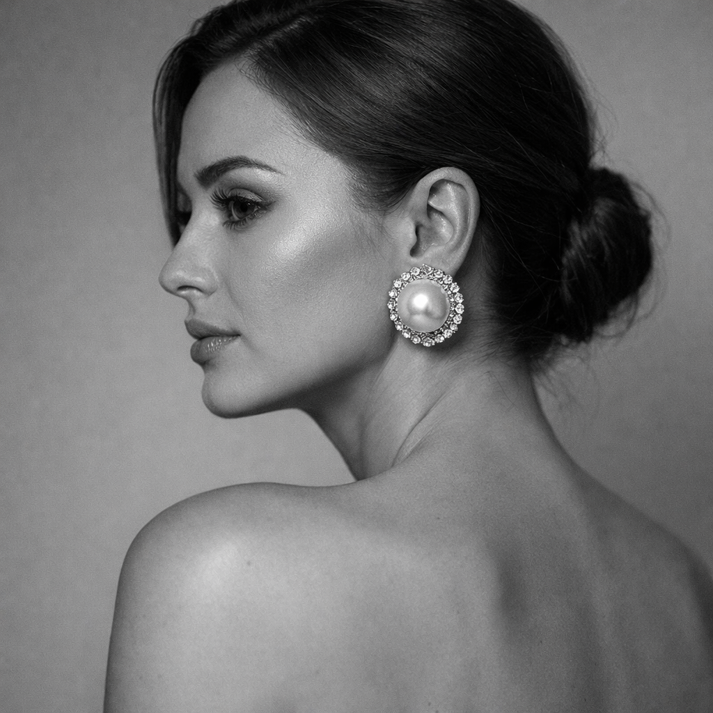 Все фото сделаны в тг боте

A close-up black and white studio photo of a woman with bare shoulders, looking to the side, displaying an exquisite pearl earring. The shot is at eye level, with her back to the camera, and is in profile. The woman looks away, revealing a distinct profile of her face and neck. She wears light makeup, an even matte skin tone, and mascara. She is wearing an invisible top that is out of the frame. She wears a massive round earring with a large pearl in the center, surrounded by smaller sparkling stones. Indoors, in a professional studio setting, against a simple, seamless light gray background. Soft, directional studio lighting from the side creates soft highlights on her skin, hair, and pearls, as well as subtle shadows that accentuate the contours of her face. Shot with an 85mm lens for a shallow depth of field, creating a photorealistic look.