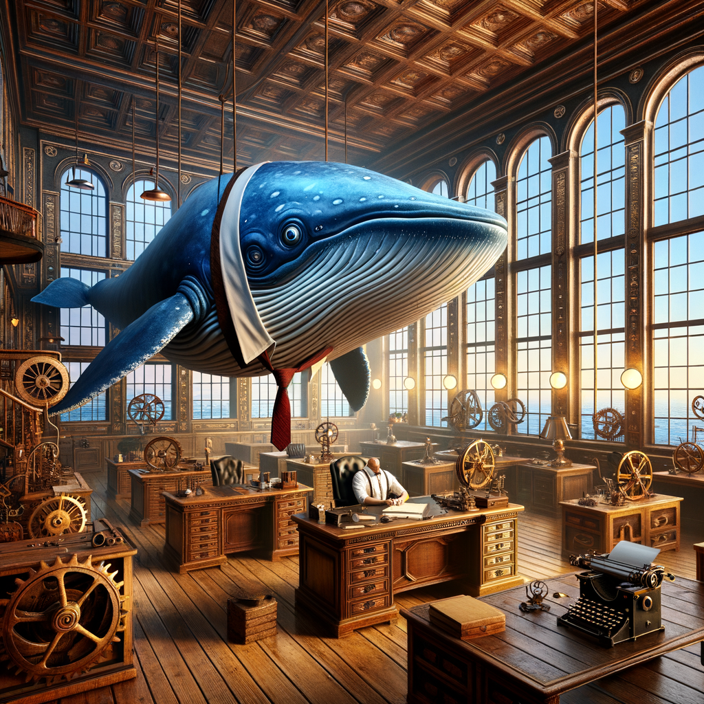 A whale in a shirt and tie in an office with panoramic windows