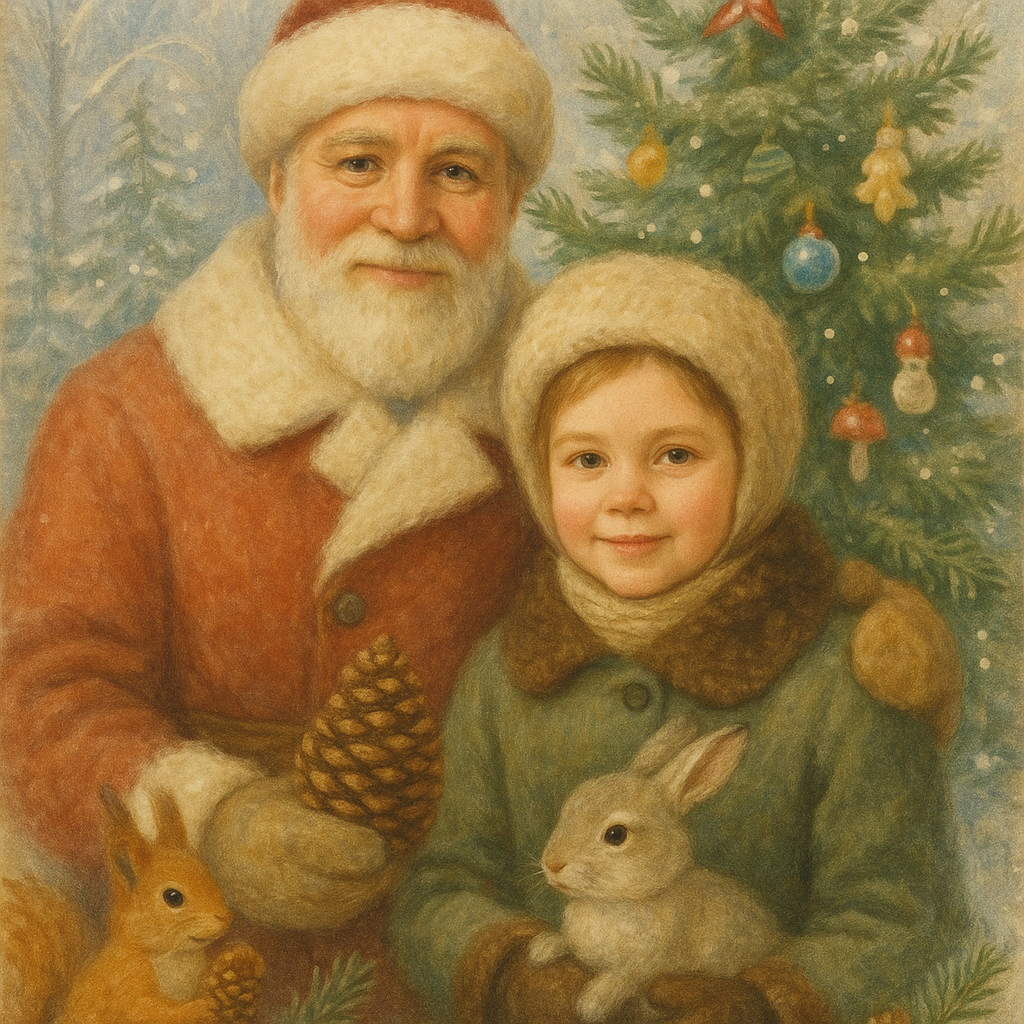 Создай винтажную новогоднюю открытку на основе загруженной фотографии. Стиль — советские сказочные открытки 1950–1970-х годов, мягкая живописная иллюстрация, ощущение тепла и уюта. Вертикальный формат 9:16 Персонажи остаются в центре композиции Фон — зимняя сказочная атмосфера Лица сохранить максимально похожими на оригинальную фотографию Без изменения черт лица, возраста и эмоций Реалистичное сходство, аккуратная художественная стилизация без искажений Заменить современную одежду на старинную зимнюю советскую одежду Новогодняя ёлка с простыми советскими игрушками Еловые шишки, хвойные ветки Лесные зверюшки (белочка, зайчик) в сказочном стил Лёгкий снег, морозные узоры Светлая, зимняя, мягкая цветовая палитра Пастельные оттенки, эффект старой бумаги, лёгкое зерно Сказочное, тёплое новогоднее настроение
