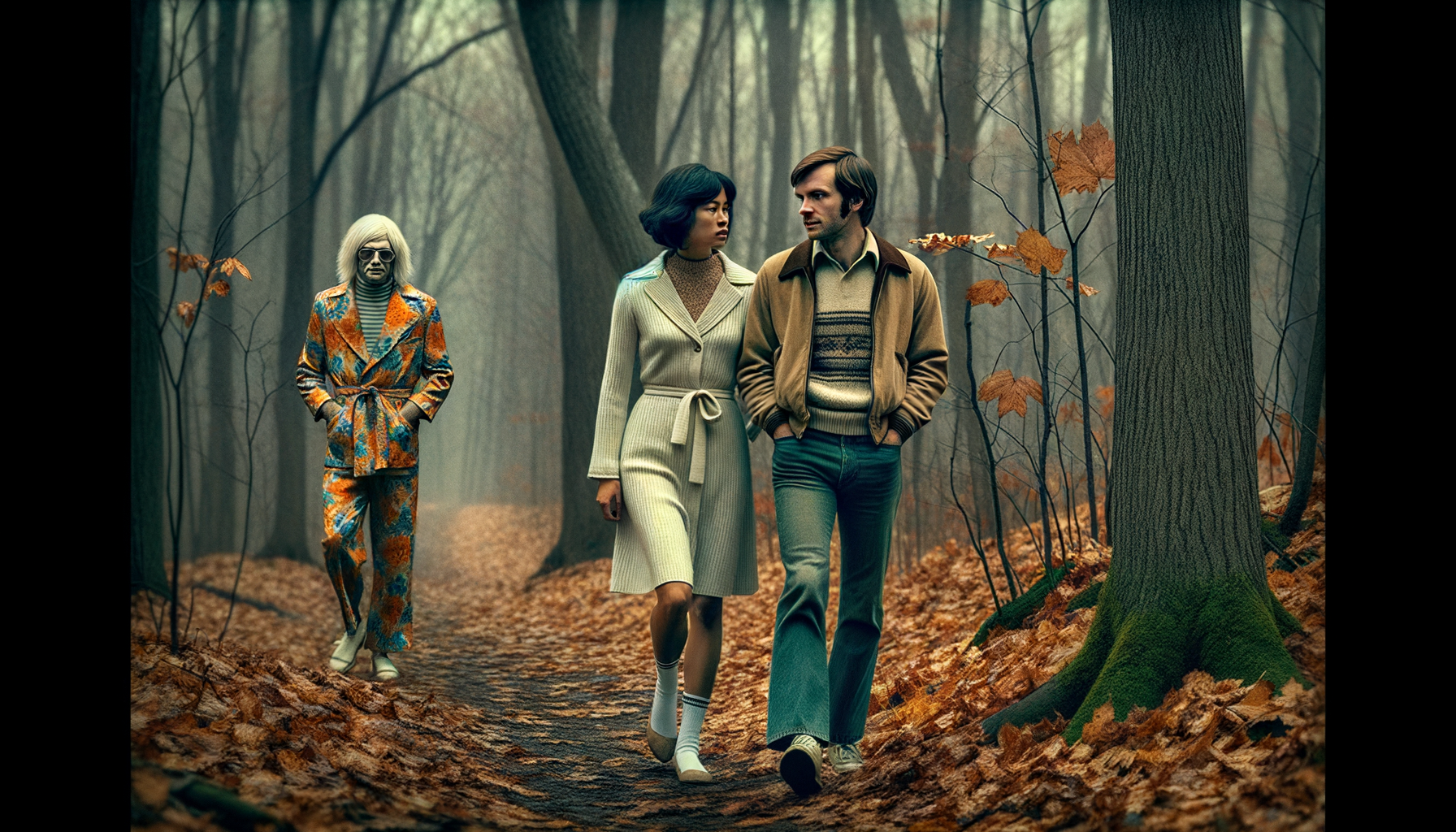 1976 год Заповедник Мак-Клинток, 1976 год пара мужчина и женщина гуляют по тропинки в лесу, спиной к нам стоит странный  мужчина и пристально наблюдает за ними