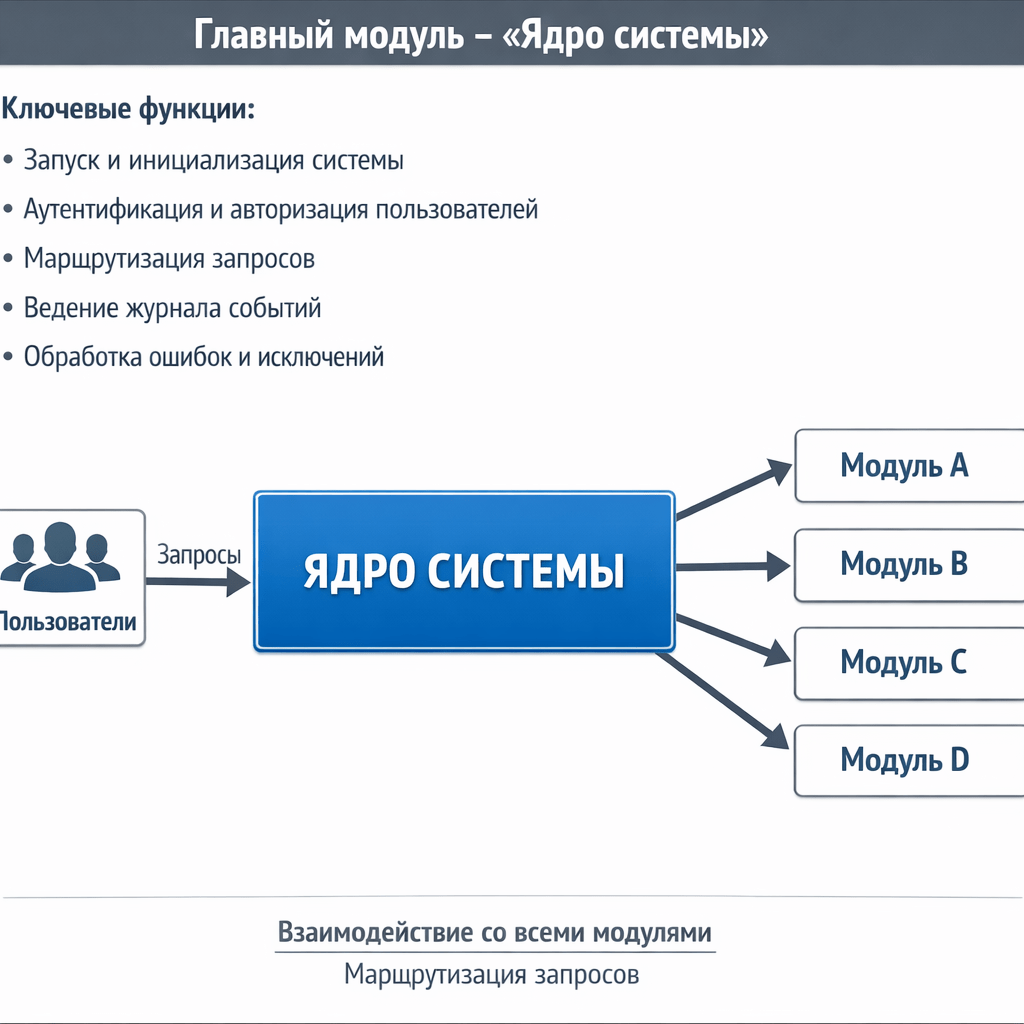 1. Главный модуль («Ядро системы»)
Назначение: координация работы всей системы, управление пользовательскими сессиями и маршрутизация запросов.
Ключевые функции:
- запуск и инициализация системы;
- аутентификация и авторизация пользователей (проверка логина/пароля и прав доступа);
- маршрутизация запросов к целевым модулям;
- ведение журнала событий (фиксация действий пользователей);
- обработка ошибок и исключений.
Связи с модулями: взаимодействует со всеми модулями – принимает запросы от пользователей и направляет их в нужный блок.
нарисуй схему на русском языке без орфографических ошибок как скриншот с экрана