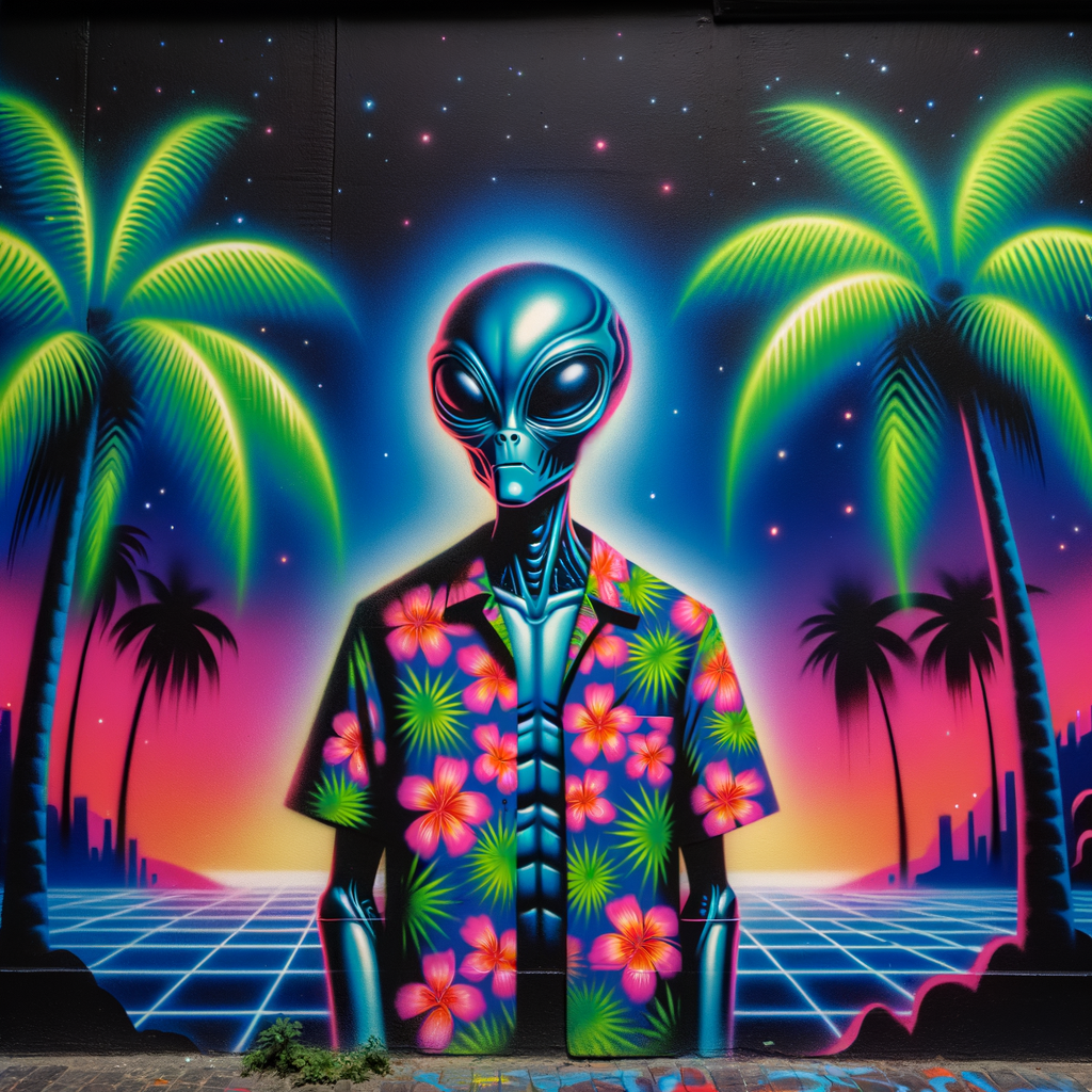 An alien in a Hawaiian shirt between palm trees