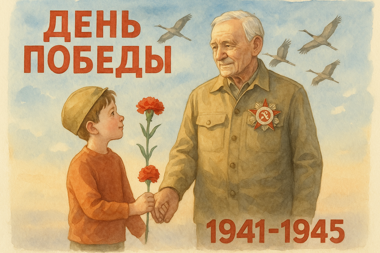 Create me a poster for the Victory Day in the Great Patriotic War of 1941-1945. The poster should be written in Russian letters. In the center of the poster, there should be a grandfather and a grandson holding hands. The grandson should be holding a red carnation in the same hand. The poster should be restrained. The background should be a clear blue sky with cranes flying in the sky.