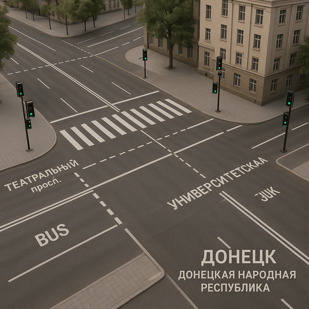 Осмотром установлено, что объектом осмотра является участок местности, перекресток – пересечения проспекта Театральный и улицы Университетская города Донецка Донецкой Народной Республики, расположенного вблизи дома № 37 по улице Университетская города Донецк Донецкой Народной Республики.
Общая ширина проезжей части пр-та Театральный г. Донецк вблизи пешеходного перехода составляет – 8,8 м, ширина каждой полосы составляет – 4,4 м.
Общая ширина проезжей части ул. Университетская г. Донецк вблизи пешеходного перехода составляет – 15 м, ширина автобусной полосы составляет – 3,7 м., ширина каждой их трех полос в направлении пр. Б. Хмельницкого, составляет – 3,1 м., которые разделены разделительной линией. 
Кроме того, разделительная линия до стоп-линии имеет прерывистую структуру, состоящую из чередующихся сегментов и просветов. Первый, наиболее длинный сегмент, имеет протяженность 20 м., за ним следует просвет (разрыв) длиной 2 м. Далее идет сегмент средней длины протяженностью 6 м, за ним располагается еще один просвет длиной 2 м. В последующем разделительная линия продолжается в сегментах 2 и 6 м. 
Светофор по ул. Университетской, расположенный с правой стороны в направлении пр. Б. Хмельницкого до пересечения с ул. Театральная находится от проезжей части на расстоянии 0,5 м. от ул. Университетская и 13 м. от ул. Театральная. Расстояние от стоп-линии до светофора 5,2 м., расстояние от светофора до начала разметки пешеходного перехода 7 м. 
Светофор по ул. Университетской, расположенный с левой стороны в направлении пр. Б. Хмельницкого до пересечения с ул. Театральная находится от проезжей части на расстоянии 1,5 м от ул. Театральная и 11 м. от ул. Университетская. 
Ширина всех четырех пешеходных переходов составляет 4м.
Расстояние между пешеходными переходами расположенными по ул. Университетская, составляет 30 метров. 
 Светофор по ул. Университетской, расположенный с правой стороны в направлении пр. Б. Хмельницкого после пересечения с ул. Театральная находится от проезжей части на расстоянии 0,8 м. от ул. Университетская и 11 м. от ул. Театральная. 
Светофор по ул. Университетской, расположенный с левой стороны в направлении пр. Б. Хмельницкого после пересечения с ул. Театральная находится от проезжей части на расстоянии 0,8 м от ул. Театральная и 7 м. от ул. Университетская.
Все светофоры находятся в зоне видимости, каких-либо предметов, а также наличие растительности ограничивающих угол обзора при движении по ул. Университетская, как и в противоположную сторону не установлено. Также угол обзора при движении по ул. Театральная, как и в противоположную сторону не установлено.
На момент осмотра полотно проезжей части каких-либо деформаций не имеет, проезжая часть сухая.