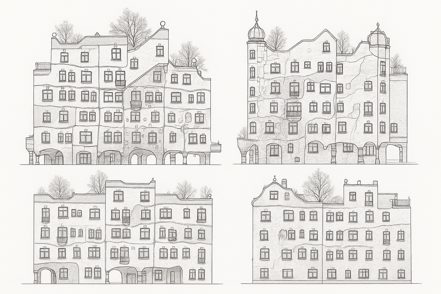Engineering drawing of all the facades of the Hundertwasser house in Vienna, preserving the scale and accuracy of the actual building