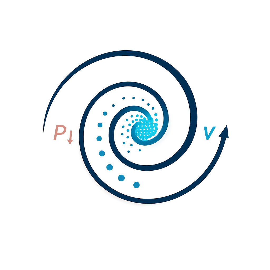 "Minimalist technical logo, dynamic spiral vortex, illustrating Bernoulli's Principle. Visual elements:
1. **Core Shape:** A single, elegant, clockwise-turning spiral (tapered line, dark blue).
2. **Flow & Acceleration:** Particles/dots along the spiral path:
* Start: Sparse, larger circles (light blue, outside edge).
* Middle: More dense, medium circles (medium blue).
* Center: Very dense, smallest dots (vivid cyan/white), forming a tight cluster.
3. **Pressure Drop:** Subtle glowing gradient:
* Outer spiral: Soft warm glow (faint orange/red, low saturation).
* Inner cluster: Intense cool glow (bright cyan/blue, high saturation).
4. **Style:** Clean sci-fi / technical line art. Sharp vectors, zero textures. Pure white background. Sharp focus. Isolated.
5. **Key Concept Labels (Optional, Subtle):** Tiny, modern sans-serif text integrated near flow: 'v↑' (cyan) near center, 'P↓' (faded red) near outer start.
--ar 1:1 --no shadows --no photorealistic --style raw" "Minimalist technical logo, dynamic spiral vortex, illustrating Bernoulli's Principle. Visual elements:
1. **Core Shape:** A single, elegant, clockwise-turning spiral (tapered line, dark blue).
2. **Flow & Acceleration:** Particles/dots along the spiral path:
* Start: Sparse, larger circles (light blue, outside edge).
* Middle: More dense, medium circles (medium blue).
* Center: Very dense, smallest dots (vivid cyan/white), forming a tight cluster.
3. **Pressure Drop:** Subtle glowing gradient:
* Outer spiral: Soft warm glow (faint orange/red, low saturation).
* Inner cluster: Intense cool glow (bright cyan/blue, high saturation).
4. **Style:** Clean sci-fi / technical line art. Sharp vectors, zero textures. Pure white background. Sharp focus. Isolated.
5. **Key Concept Labels (Optional, Subtle):** Tiny, modern sans-serif text integrated near flow: 'v↑' (cyan) near center, 'P↓' (faded red) near outer start.
--ar 1:1 --no shadows --no photorealistic --style raw"