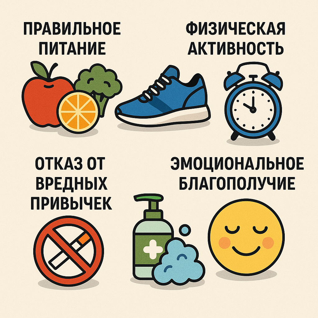 -Правильное питание
 -Физическая активность
-Режим дня
-Отказ от вредных привычек
-Личная гигиена
- Эмоциональное благополучие
