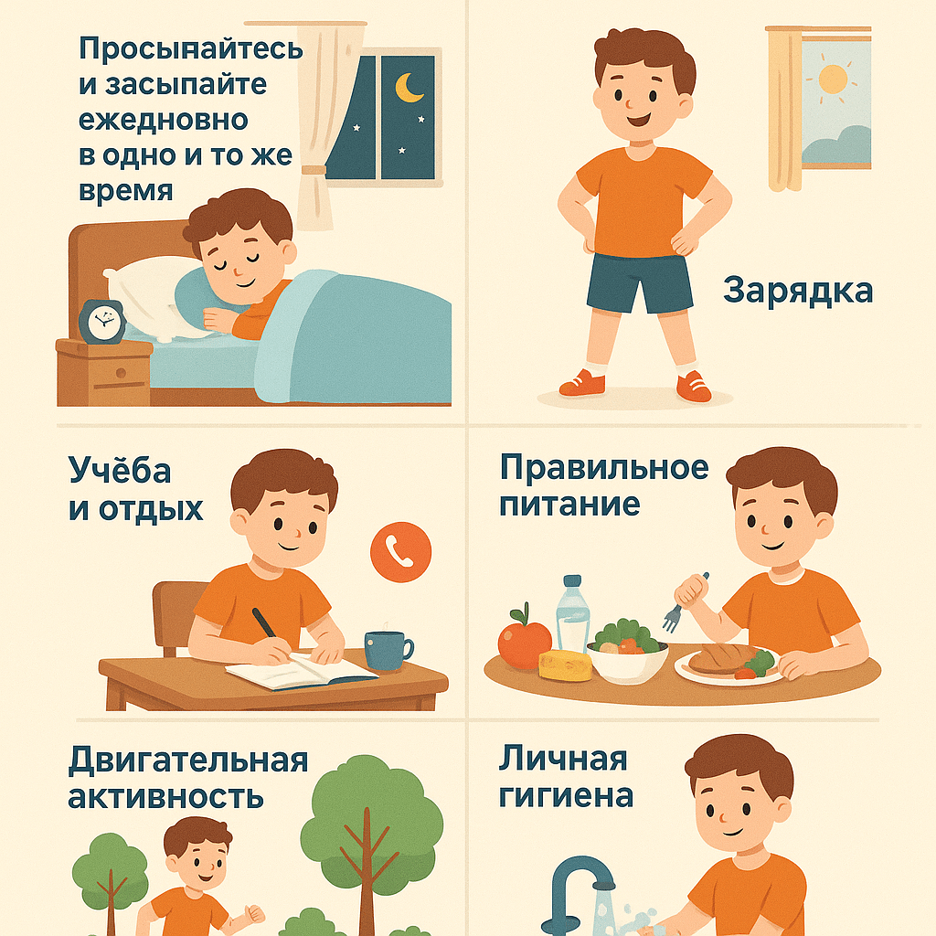 Особенно полезен режим дня детям школьного возраста. С его помощью можно контролировать баланс труда и отдыха, избегать перегрузок, грамотно чередовать периоды физической и умственной активности. Рекомендации по организации режима дня:
1.Просыпайтесь и засыпайте ежедневно в одно и тоже время
Привычка ложиться спать в одно и то же время способствует быстрому засыпанию, организм лучше восстанавливает силы. Перед сном: хорошо проветрите спальню, после 19 часов — спокойное время (ограничьте просмотр телевизора, гаджетов, прослушивание музыки в наушниках, любую эмоциональную деятельность), сформируйте «ритуал» отхода ко сну: можно принимать ванну / душ, выбирать одежду на следующий день, читать книгу; обозначьте время отхода ко сну (в одно время каждый день) Сколько должен спать ребёнок?
1-4 класс — 10-10,5 часов; 5-7 класс — 10,5 часов; 8-9 класс — 9-9,5 часов; 10-11 класс — 8-9 часов.
2.Каждый свой день необходимо начинать с утренней гимнастики (зарядки). Она облегчает переход от сна к рабочему состоянию, позволяет «зарядить» организм бодростью на целый день.
3.После школы: выделите время для полноценного перекуса после школы, сделайте небольшой перерыв для игр, а затем определенное количество времени для выполнения домашнего задания.
4.Обратите внимание на питание. Оно должно быть регулярным (4-5 раз): между приемами пищи должны быть промежутки не более 3,5 — 4 часов, питание должно быть сбалансированное, кушать необходимо сидя за столом, медленно пережевывая пищу; отдавайте предпочтение здоровой пище игнорируя фастфуд, сладости и газированные напитки. Пища должна быть разнообразной, полноценной и обязательно свежей.
В рацион должны входить овощи и фрукты, молоко и молочные продукты, мясо, растительное масло, крупы и злаки. При трехразовом питании самым сытным должен быть обед, а самым легким — ужин. Завтрак должен быть обязательно. Минимум два раза в день горячая пища. Вредно во время еды читать, смотреть телевизор, работать за компьютером и вообще отвлекаться на решение каких-либо задач. 
5.Помните про двигательную активность, она необходима для полноценного физического развития. Приветствуется любая двигательная активность: прогулки, игры на свежем воздухе, занятия спортом.
Сколько нужно времени для двигательной активности?
 Младший возраст: 3-3,5 часа в день; Старшеклассники: 2,5 часа в день.
Занятия физкультурой делают нас более выносливым и здоровым. Физические упражнения хорошо укрепляют кости, мышцы и суставы, улучшается иммунитет и обмен веществ.
Ежедневная зарядка — обязательный минимум для каждого человека придерживающегося здорового образа жизни. В идеале она должна стать привычкой, как умывание по утрам.
6. Соблюдайте правила личной гигиены, следите за чистотой тела, одежды, обуви. 
Распорядок дня в любом возрасте помогает сформировать полезные для здоровья привычки.